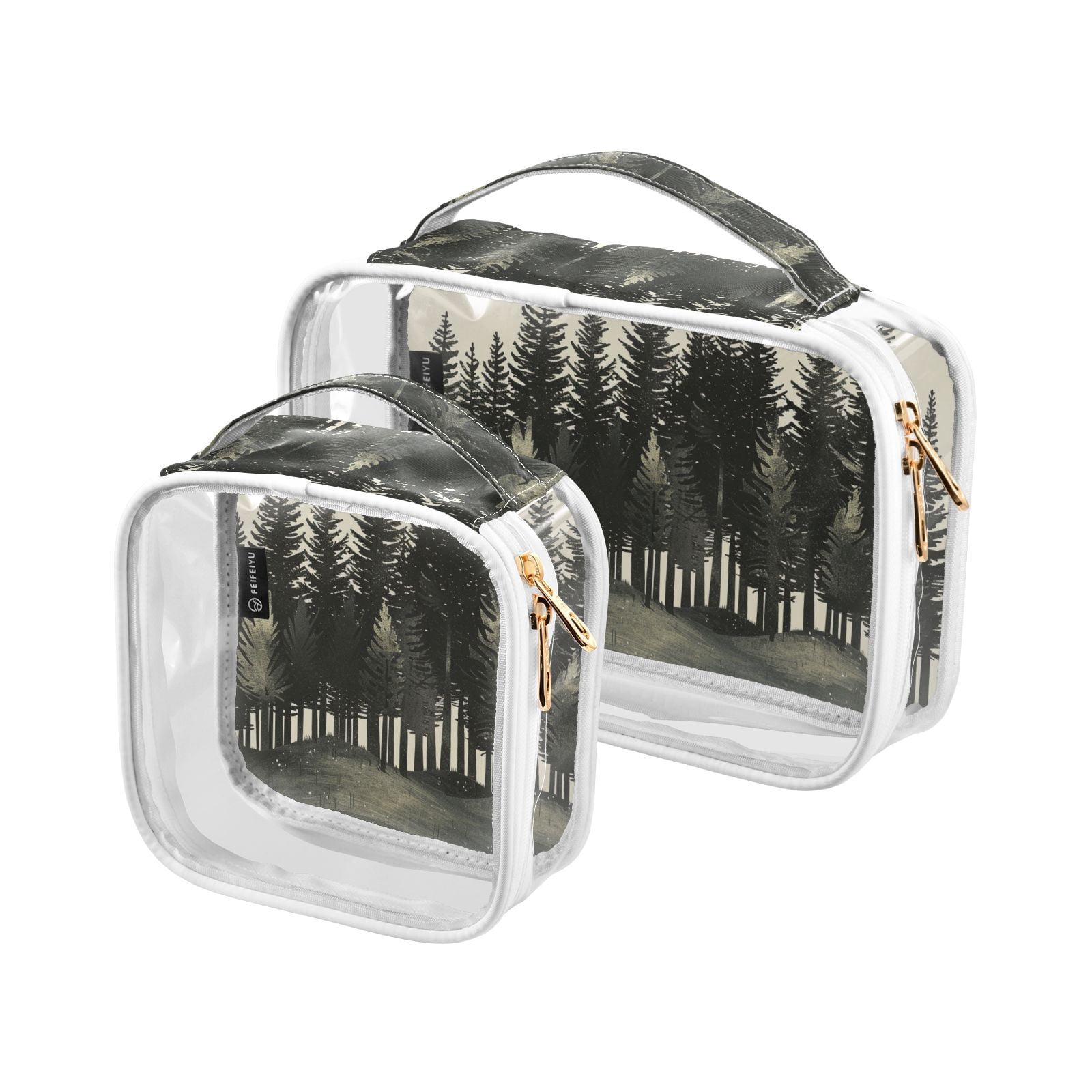Clear Makeup Bags with Handle Large Opening 2 Pack Set Toiletry Bag Quart Size Bag, for Women Man Traveling Travel Essentials, Toiletries and Other. Hand Drawn Forest