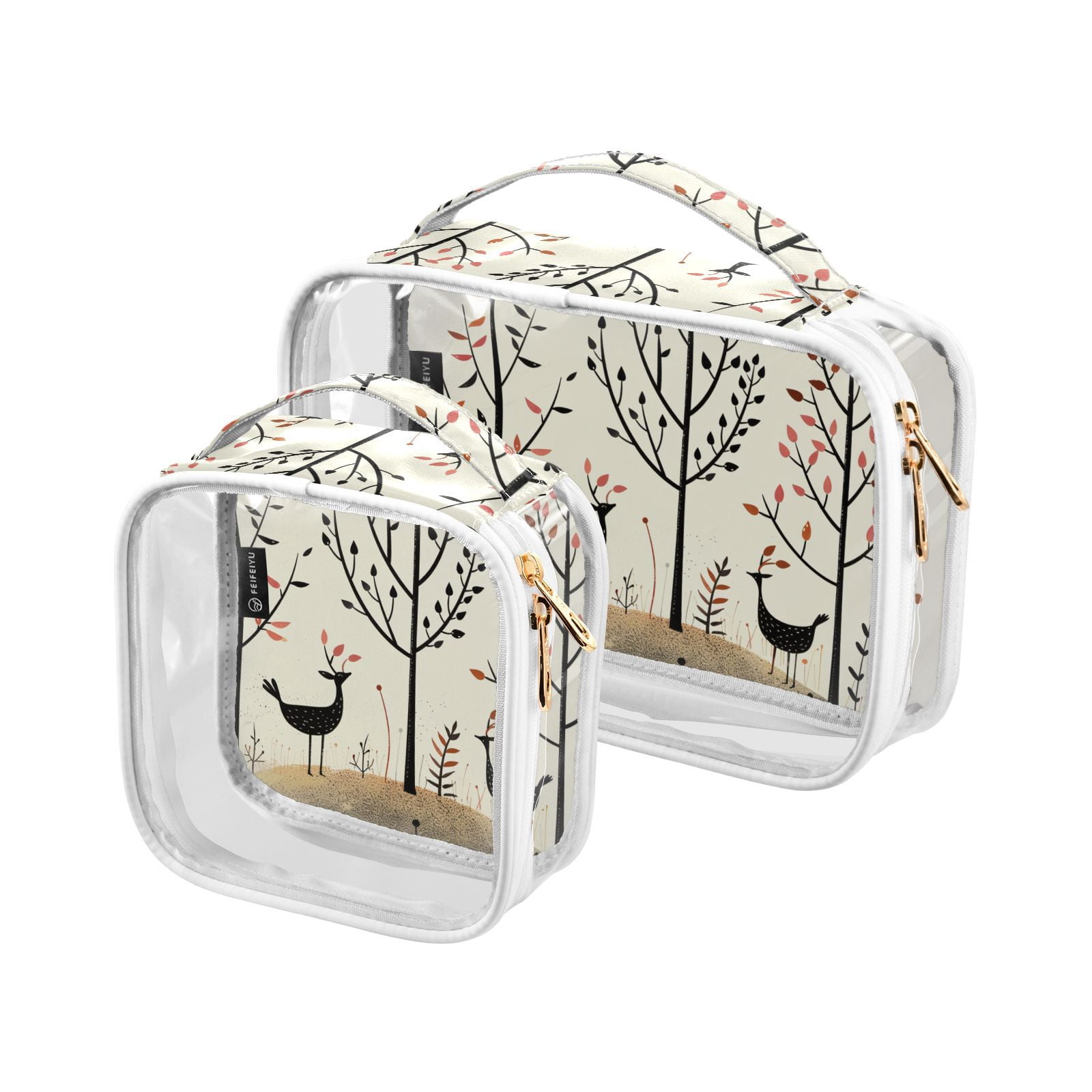 Clear Makeup Bags with Handle Large Opening 2 Pack Set Toiletry Bag Quart Size Bag, for Women Man Traveling Travel Essentials, Toiletries and Other. Hand Drawn Forest