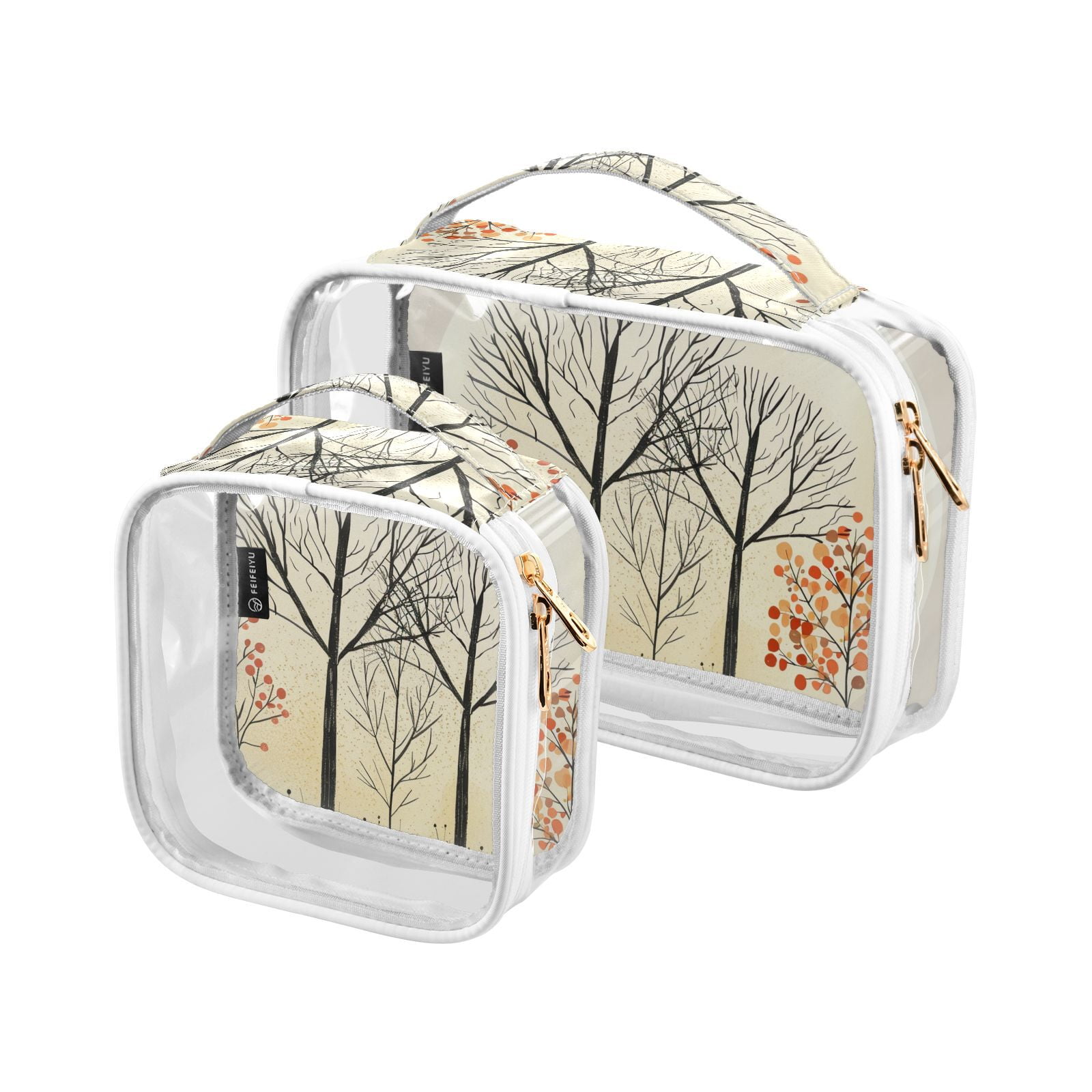 Clear Makeup Bags with Handle Large Opening 2 Pack Set Toiletry Bag Quart Size Bag, for Women Man Traveling Travel Essentials, Toiletries and Other. Hand Drawn Forest