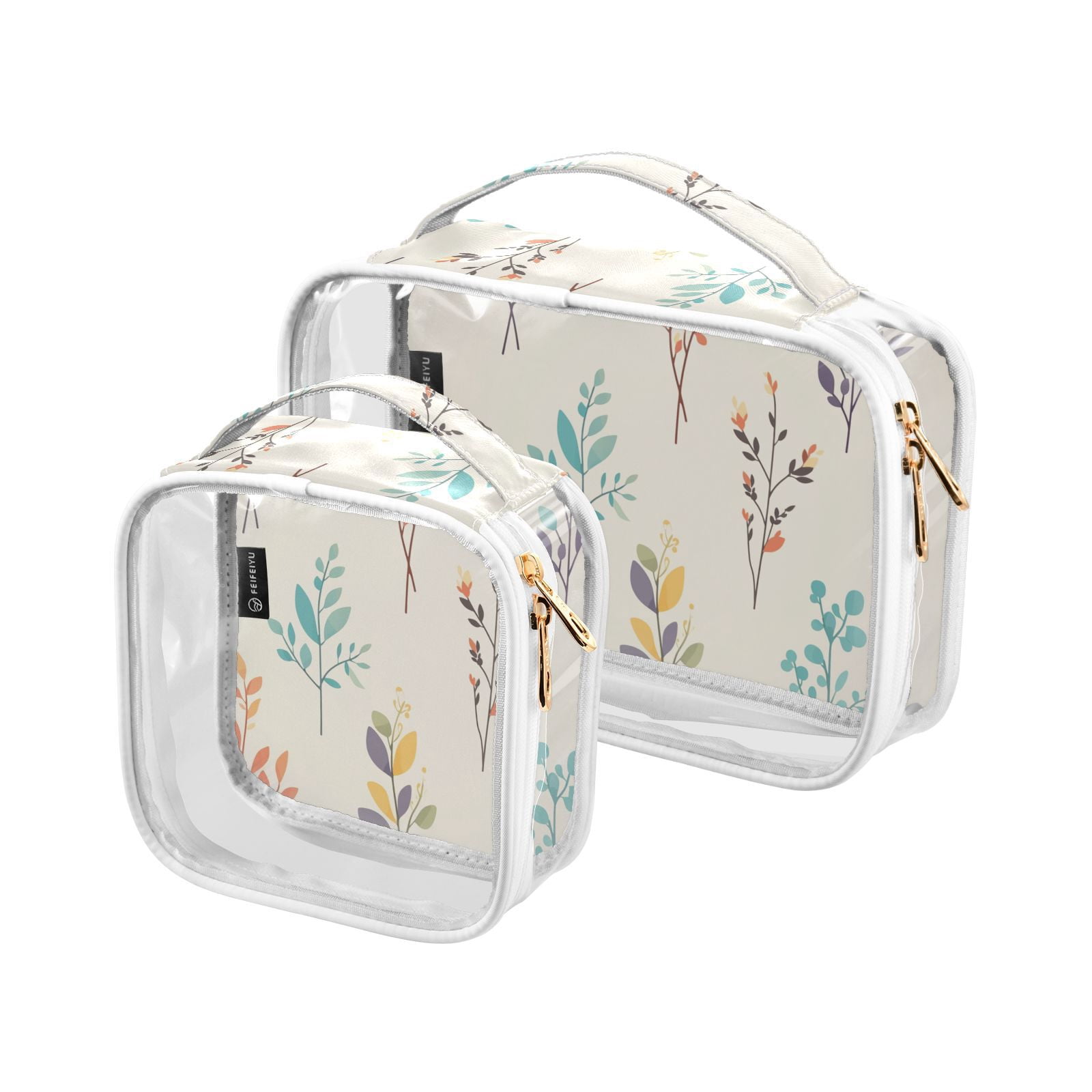 Clear Makeup Bags with Handle Large Opening 2 Pack Set Toiletry Bag Quart Size Bag, for Women Man Traveling Travel Essentials, Toiletries and Other. Leafs Vibrant Illustration
