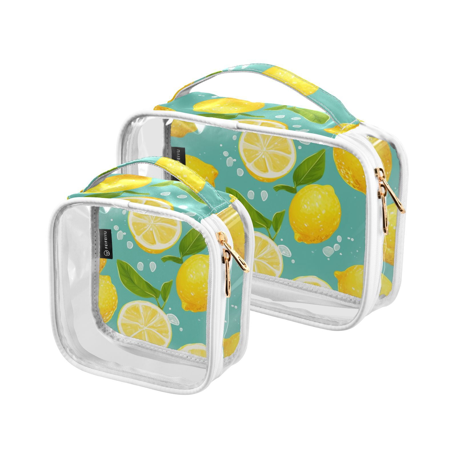 Clear Makeup Bags with Handle Large Opening 2 Pack Set Toiletry Bag Quart Size Bag, for Women Man Traveling Travel Essentials, Toiletries and Other. Lemon Bubble