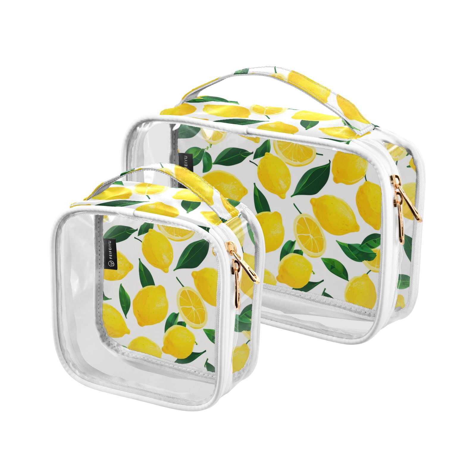 Clear Makeup Bags with Handle Large Opening 2 Pack Set Toiletry Bag Quart Size Bag, for Women Man Traveling Travel Essentials, Toiletries and Other. Lemon Pattern