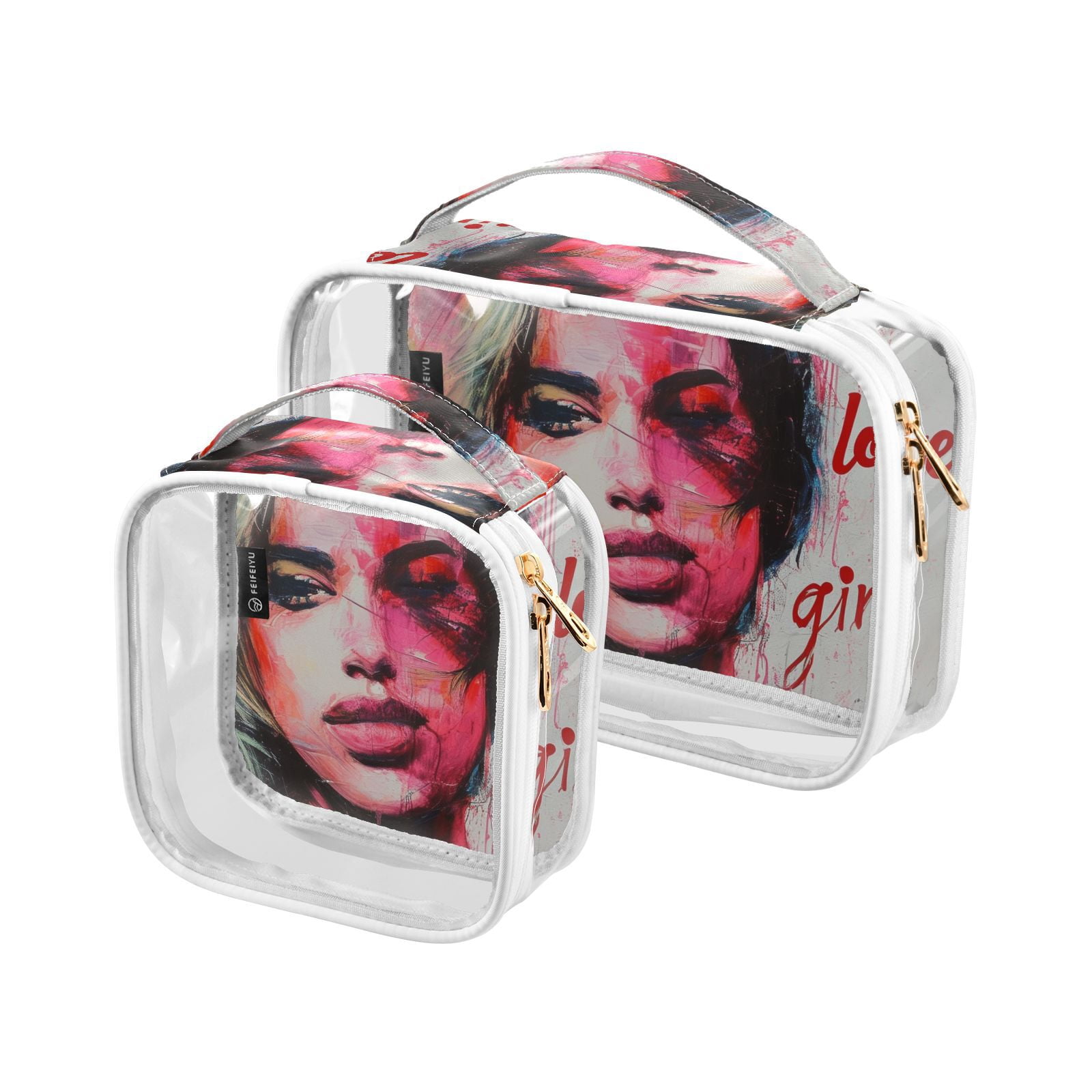 Clear Makeup Bags with Handle Large Opening 2 Pack Set Toiletry Bag Quart Size Bag, for Women Man Traveling Travel Essentials, Toiletries and Other. Love Girl