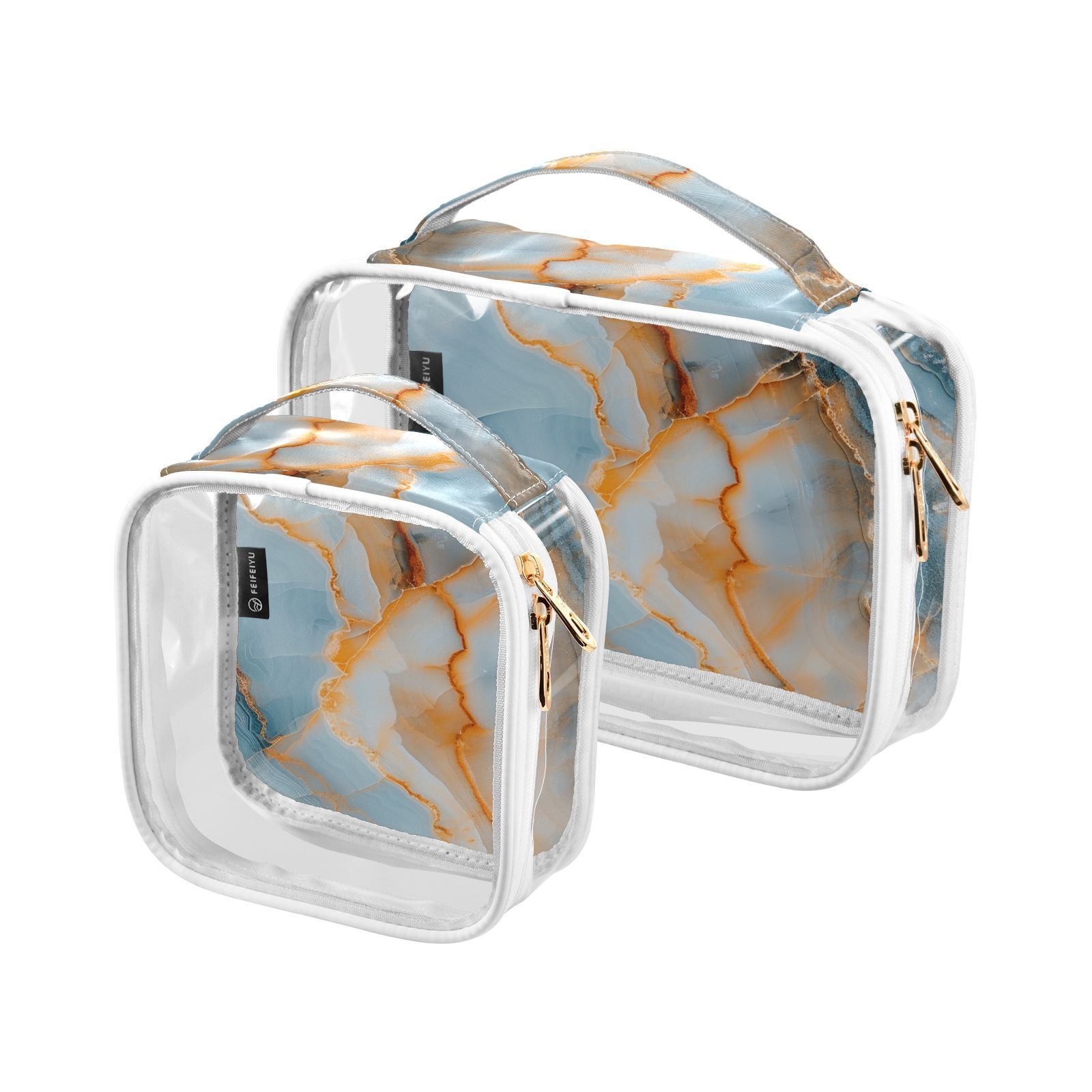 Clear Makeup Bags with Handle Large Opening 2 Pack Set Toiletry Bag Quart Size Bag, for Women Man Traveling Travel Essentials, Toiletries and Other. Marble Pattern Blue Gold