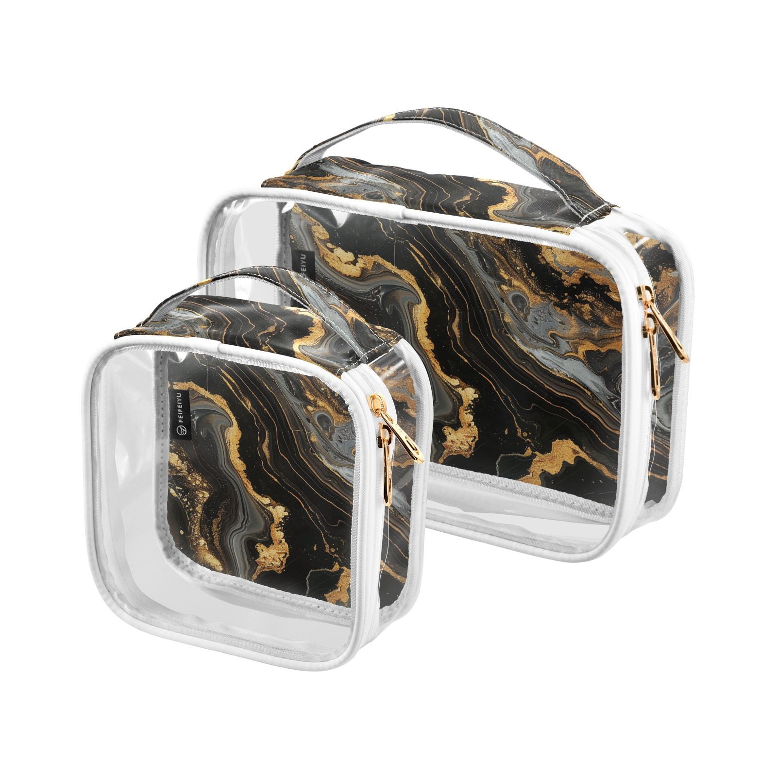Clear Makeup Bags with Handle Large Opening 2 Pack Set Toiletry Bag Quart Size Bag, for Women Man Traveling Travel Essentials, Toiletries and Other. Marble Pattern Black Gold