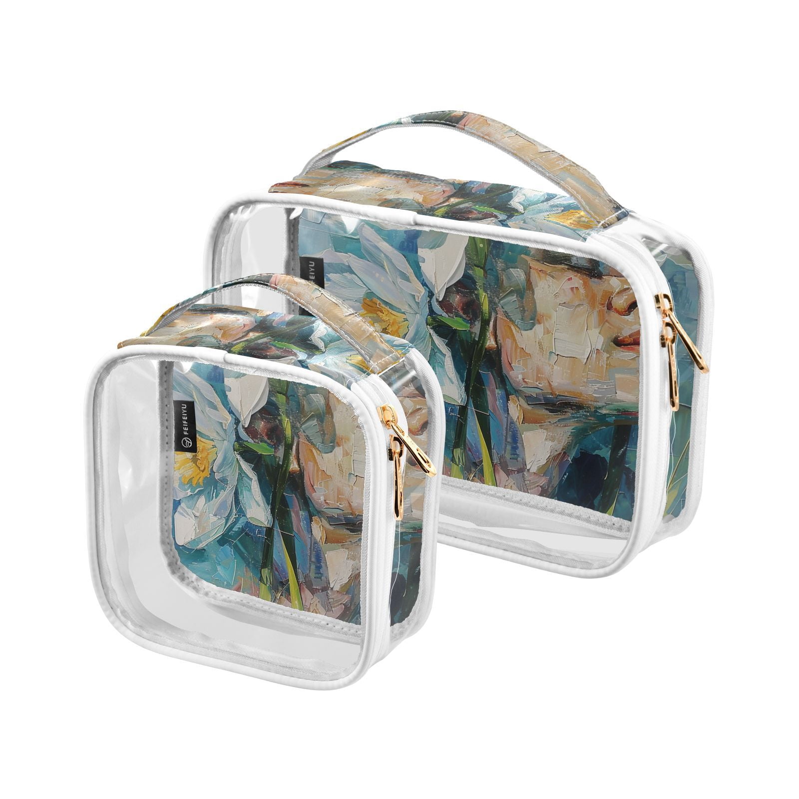 Clear Makeup Bags with Handle Large Opening 2 Pack Set Toiletry Bag Quart Size Bag, for Women Man Traveling Travel Essentials, Toiletries and Other. Narcissus Daffodil Face Art