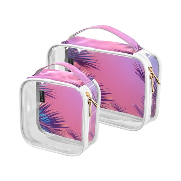 Clear Makeup Bags with Handle Large Opening 2 Pack Set Toiletry Bag Quart Size Bag, for Women Man Traveling Travel Essentials, Toiletries and Other. Neon Color Tropical Plant