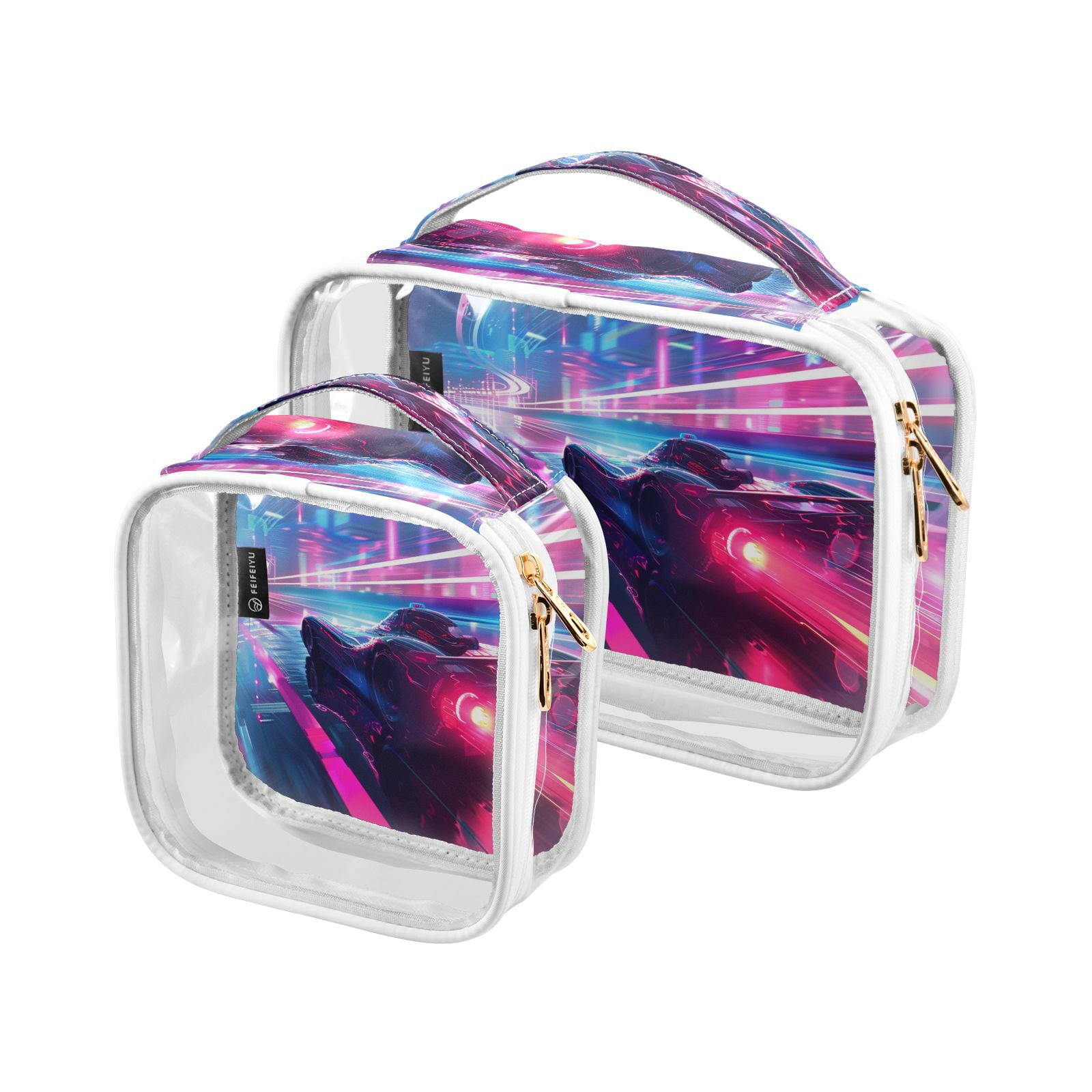 Clear Makeup Bags with Handle Large Opening 2 Pack Set Toiletry Bag Quart Size Bag, for Women Man Traveling Travel Essentials, Toiletries and Other. Neon Racing