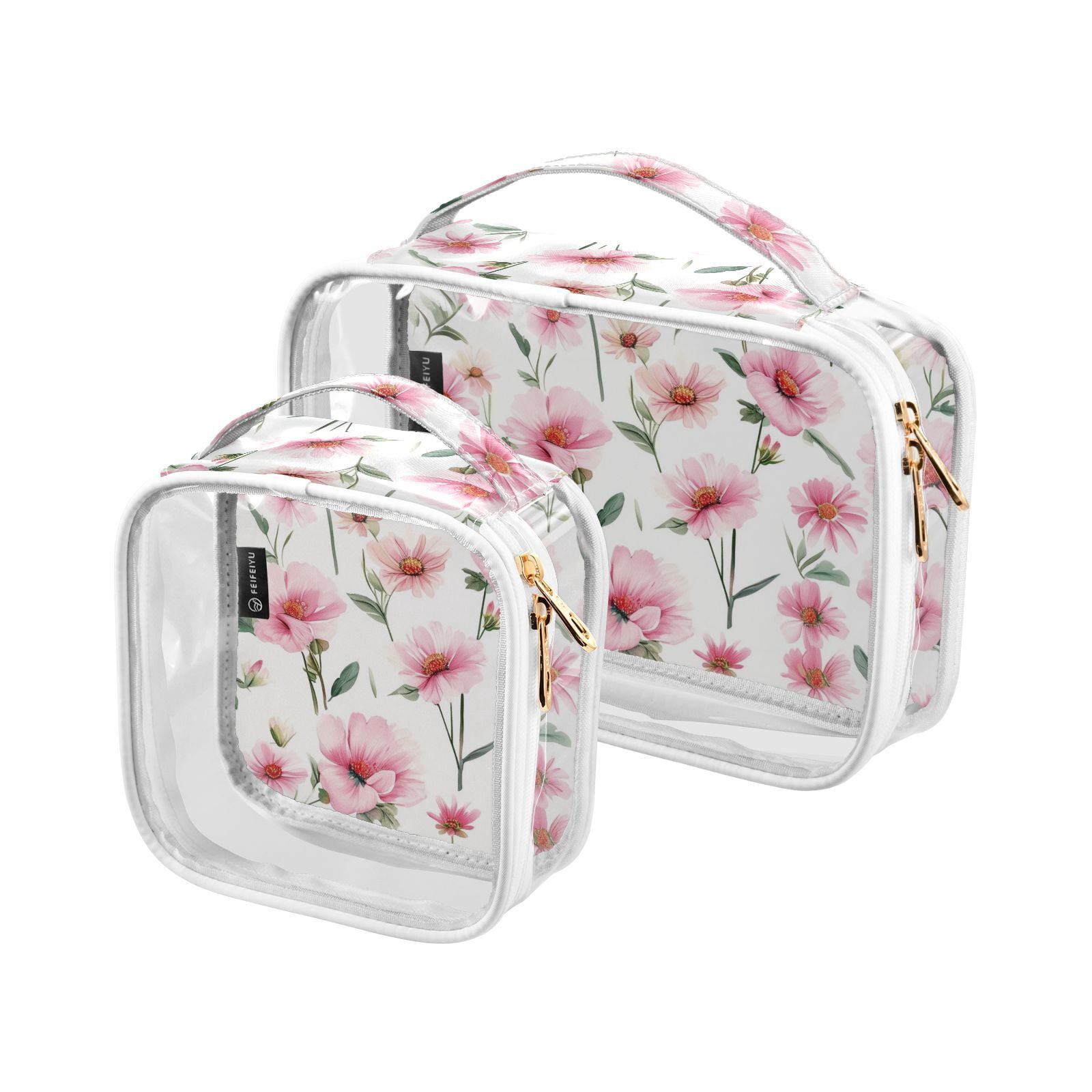Clear Makeup Bags with Handle Large Opening 2 Pack Set Toiletry Bag Quart Size Bag, for Women Man Traveling Travel Essentials, Toiletries and Other. Pink Daisy