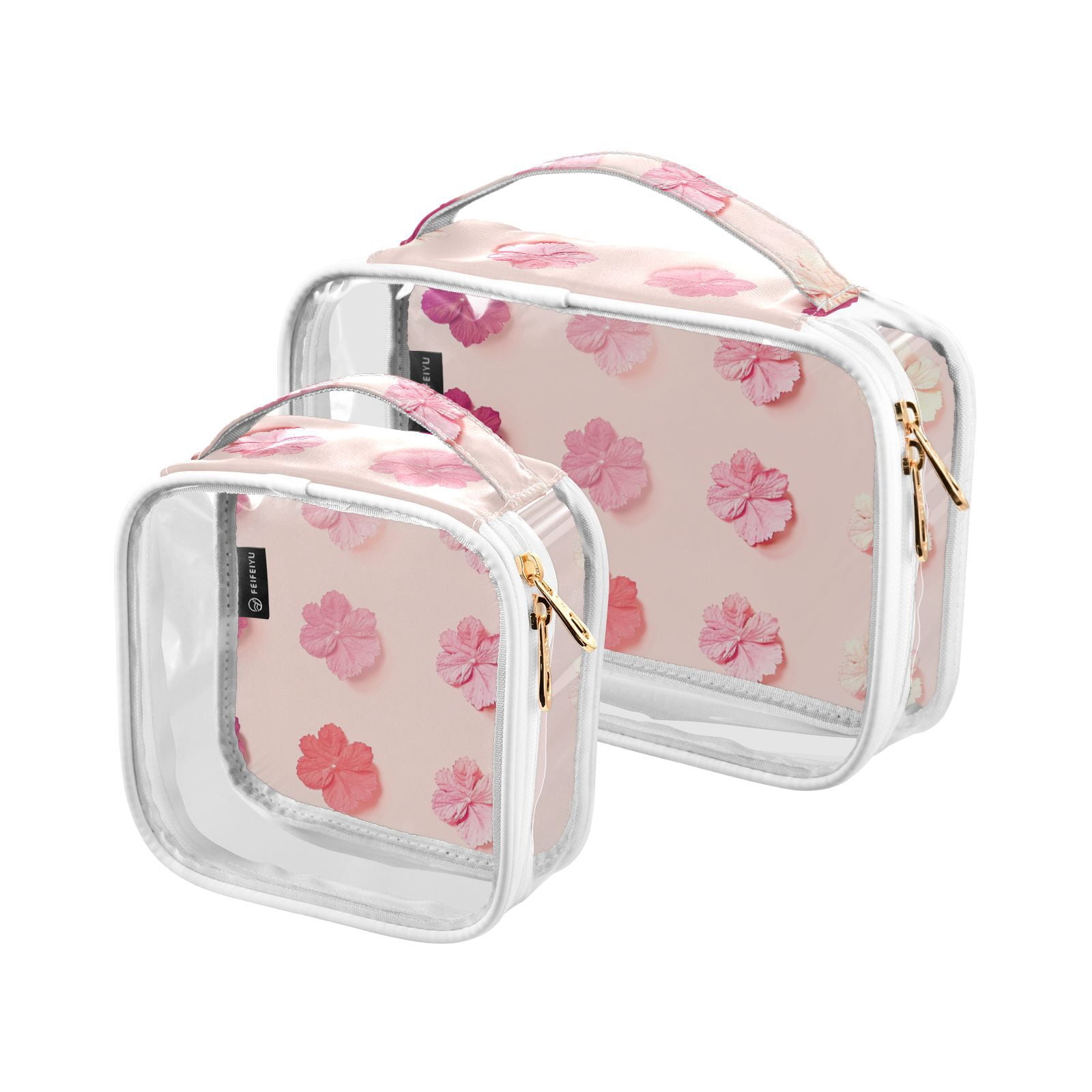 Clear Makeup Bags with Handle Large Opening 2 Pack Set Toiletry Bag Quart Size Bag, for Women Man Traveling Travel Essentials, Toiletries and Other. Pink Flowers Bloom