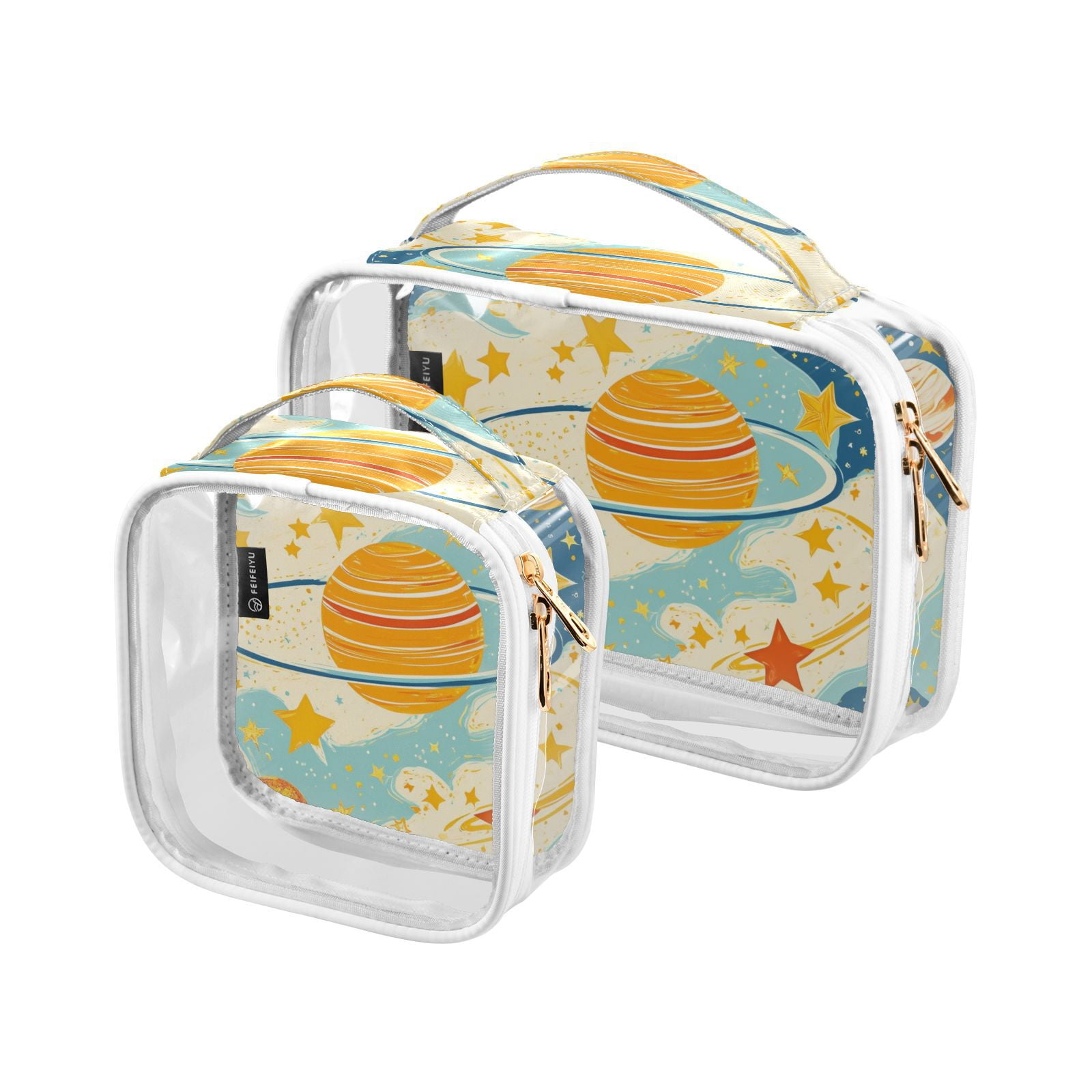 Clear Makeup Bags with Handle Large Opening 2 Pack Set Toiletry Bag Quart Size Bag, for Women Man Traveling Travel Essentials, Toiletries and Other. Planet Sketch