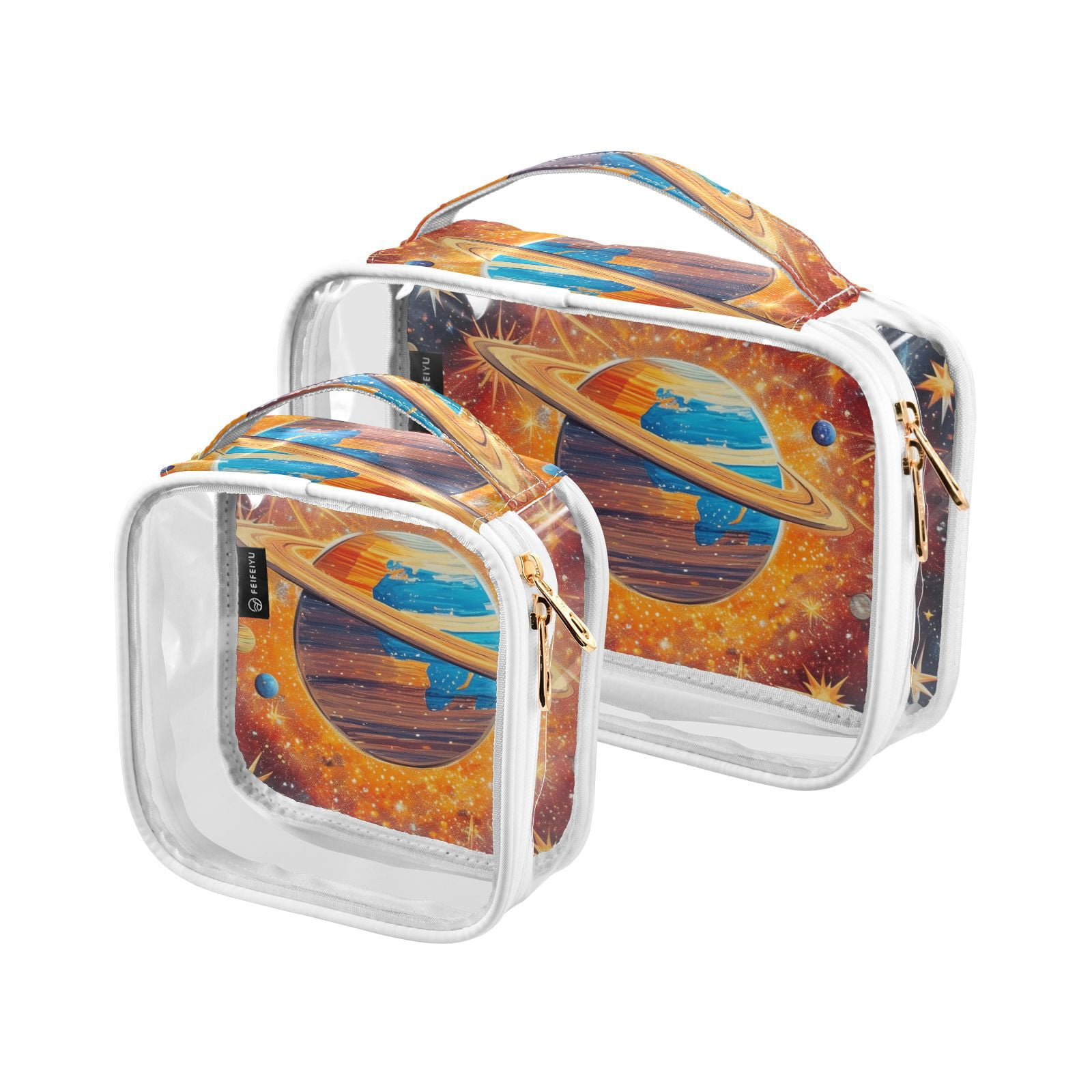Clear Makeup Bags with Handle Large Opening 2 Pack Set Toiletry Bag Quart Size Bag, for Women Man Traveling Travel Essentials, Toiletries and Other. Planet