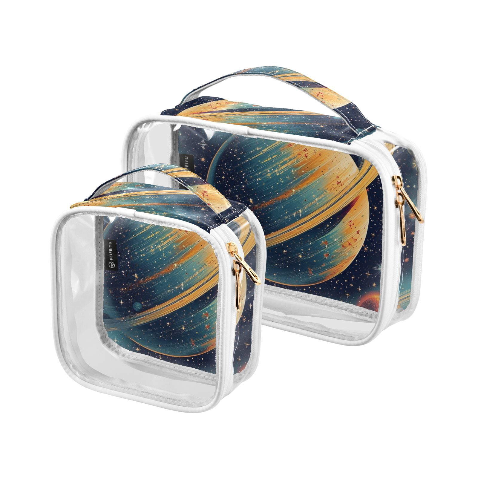 Clear Makeup Bags with Handle Large Opening 2 Pack Set Toiletry Bag Quart Size Bag, for Women Man Traveling Travel Essentials, Toiletries and Other. Planet