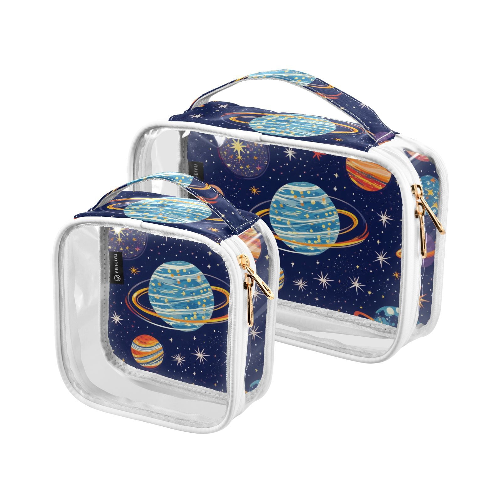 Clear Makeup Bags with Handle Large Opening 2 Pack Set Toiletry Bag Quart Size Bag, for Women Man Traveling Travel Essentials, Toiletries and Other. Planets
