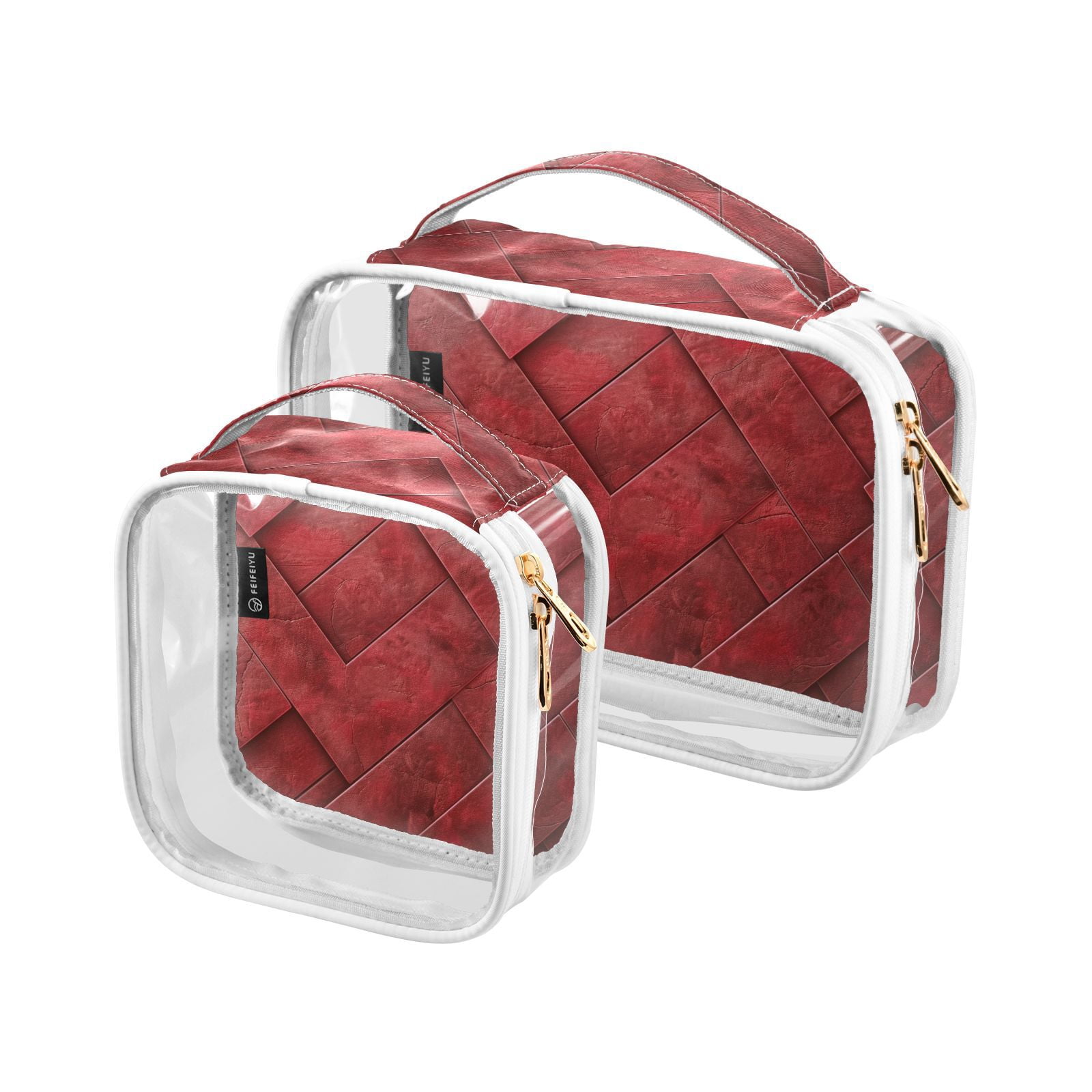 Clear Makeup Bags with Handle Large Opening 2 Pack Set Toiletry Bag Quart Size Bag, for Women Man Traveling Travel Essentials, Toiletries and Other. Red Leather Pattern Mix