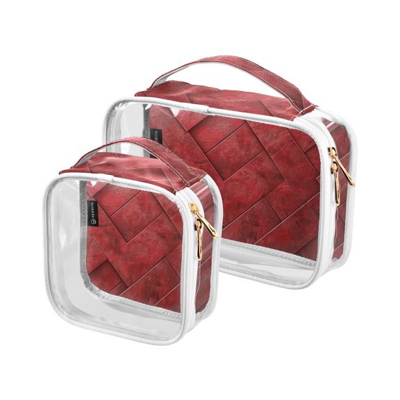 Clear Makeup Bags with Handle Large Opening 2 Pack Set Toiletry Bag Quart Size Bag, for Women Man Traveling Travel Essentials, Toiletries and Other. Red Leather Pattern Mix