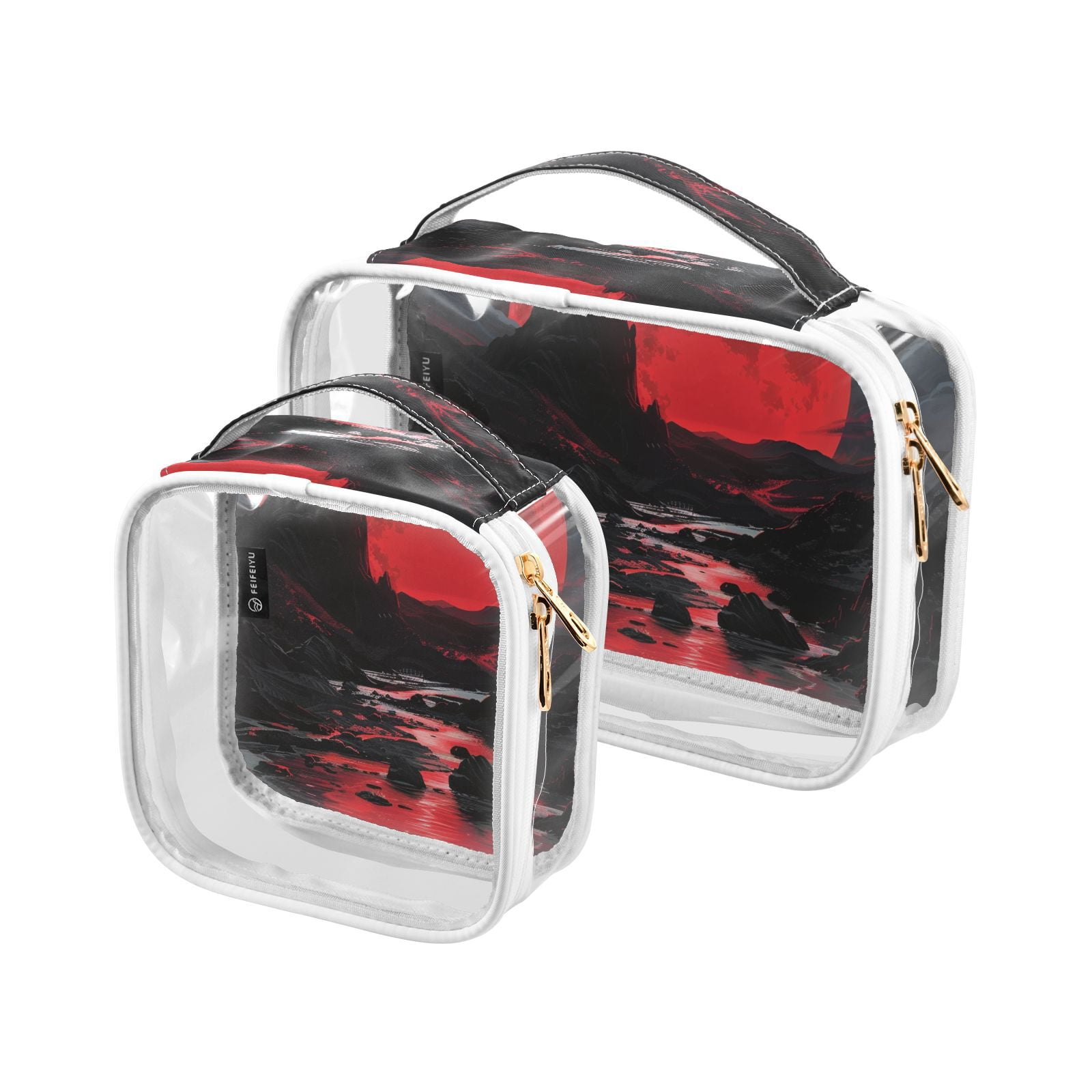 Clear Makeup Bags with Handle Large Opening 2 Pack Set Toiletry Bag Quart Size Bag, for Women Man Traveling Travel Essentials, Toiletries and Other. Red Moon Wild