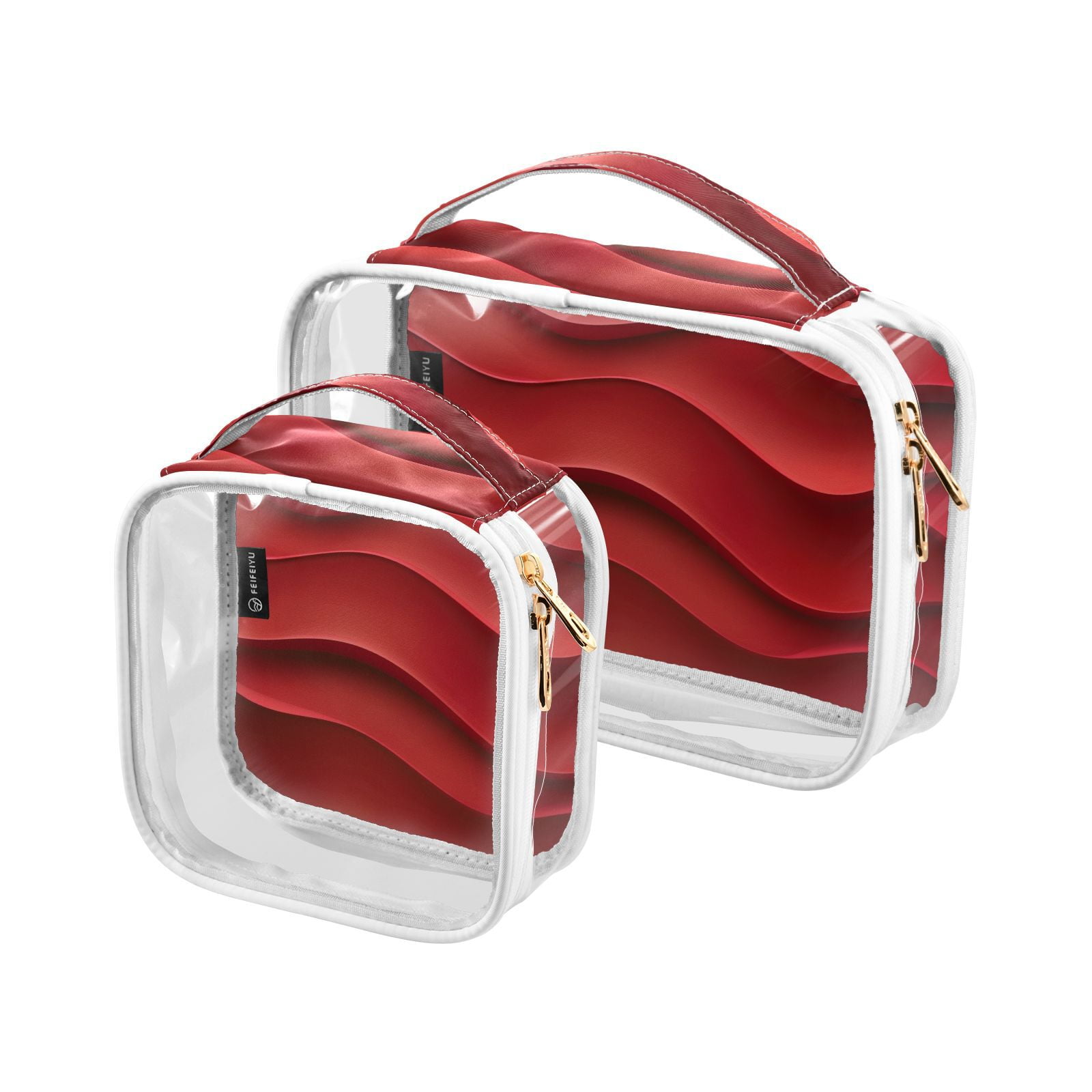 Clear Makeup Bags with Handle Large Opening 2 Pack Set Toiletry Bag Quart Size Bag, for Women Man Traveling Travel Essentials, Toiletries and Other. Red Wave