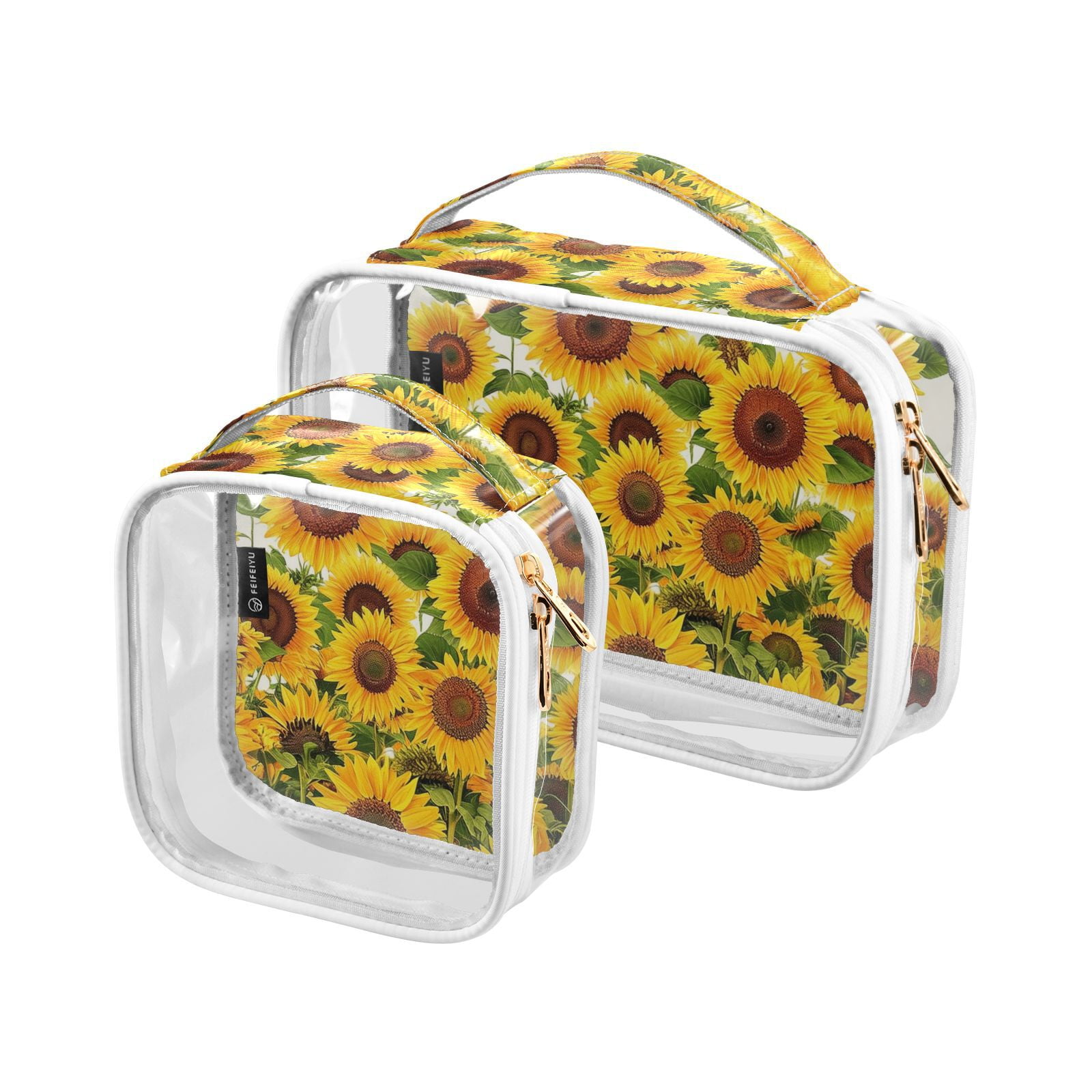 Clear Makeup Bags with Handle Large Opening 2 Pack Set Toiletry Bag Quart Size Bag, for Women Man Traveling Travel Essentials, Toiletries and Other. Sunflower