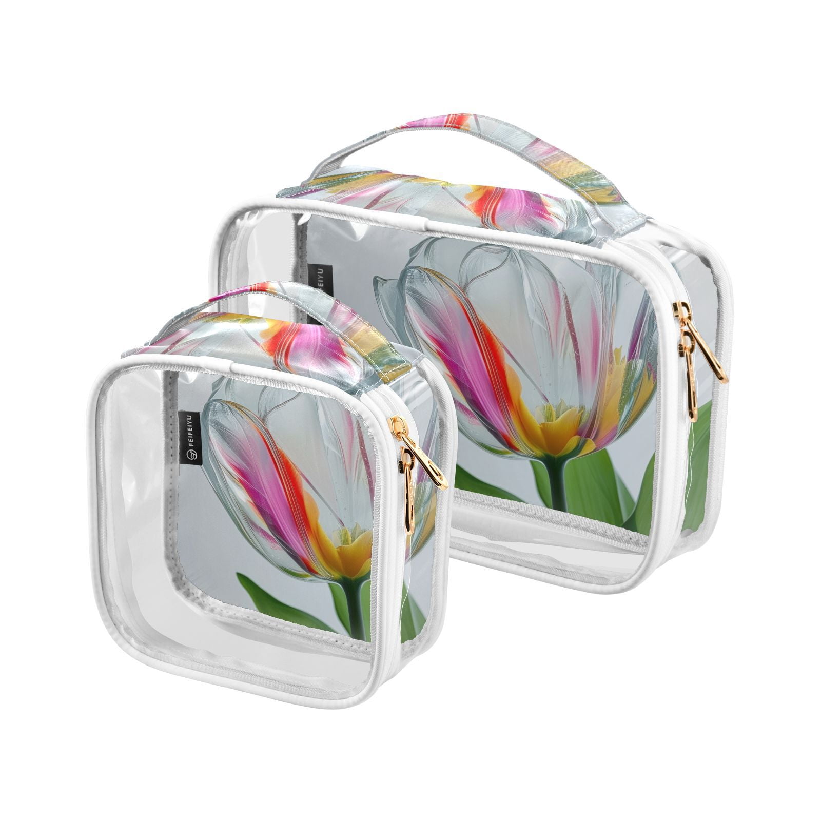 Clear Makeup Bags with Handle Large Opening 2 Pack Set Toiletry Bag Quart Size Bag, for Women Man Traveling Travel Essentials, Toiletries and Other. Transparent Tulipa
