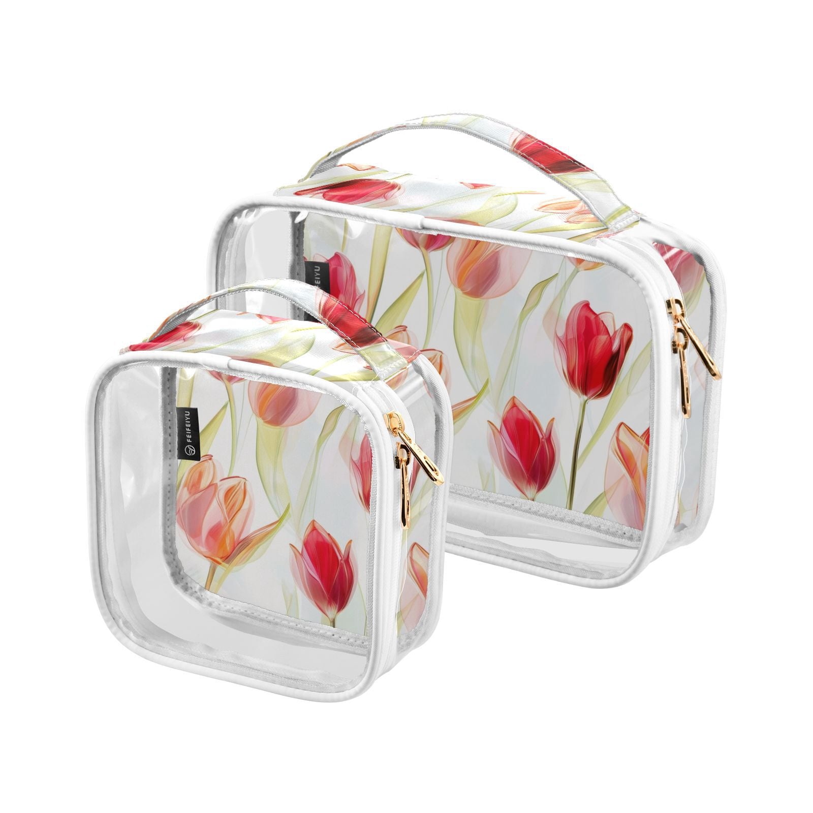 Clear Makeup Bags with Handle Large Opening 2 Pack Set Toiletry Bag Quart Size Bag, for Women Man Traveling Travel Essentials, Toiletries and Other. Transparent Tulipa Red