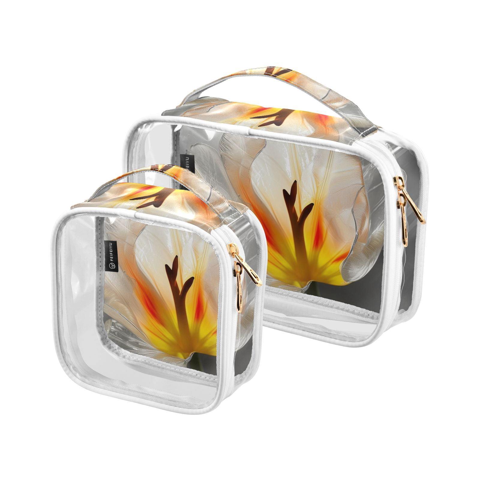 Clear Makeup Bags with Handle Large Opening 2 Pack Set Toiletry Bag Quart Size Bag, for Women Man Traveling Travel Essentials, Toiletries and Other. Transparent Tulipa Pure