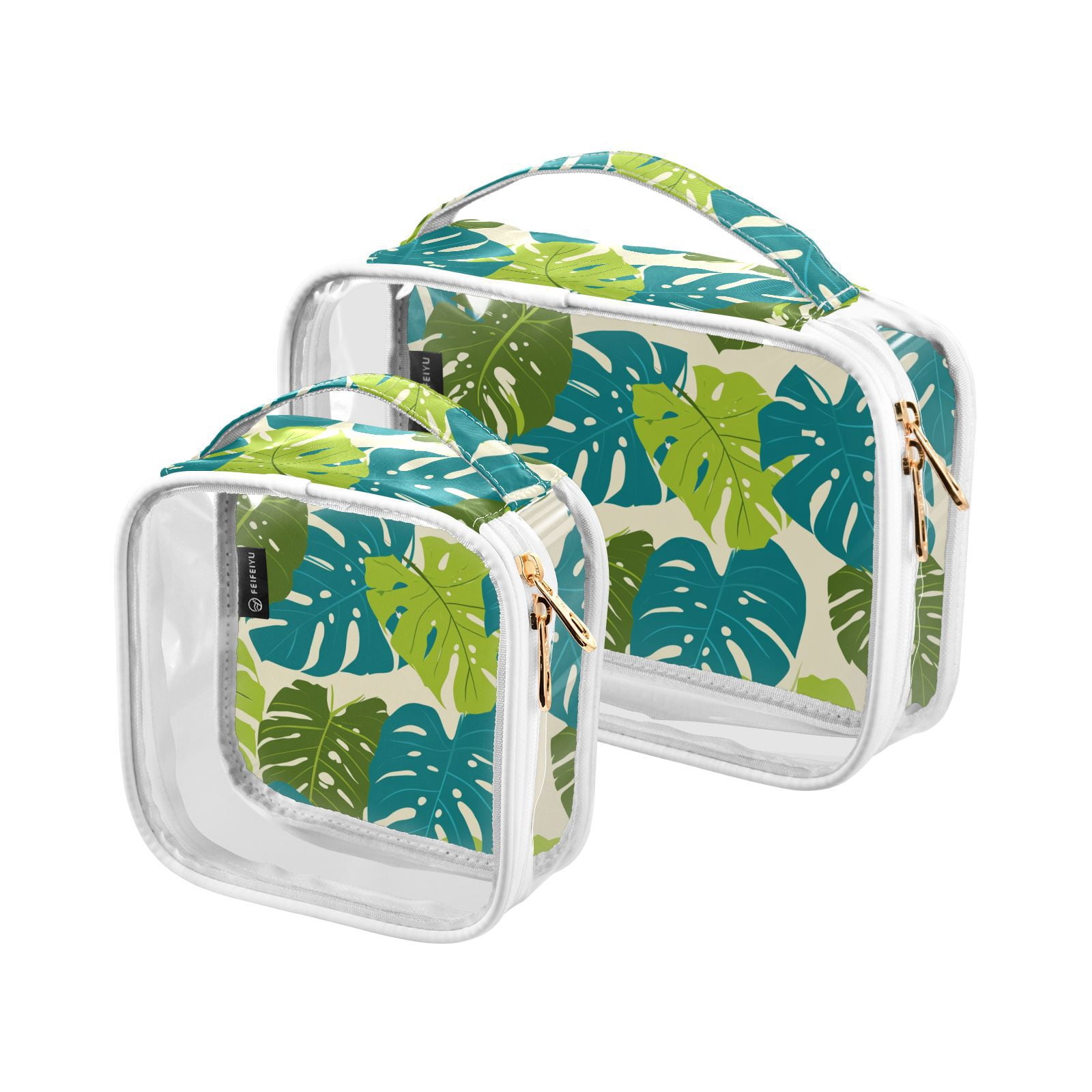 Clear Makeup Bags with Handle Large Opening 2 Pack Set Toiletry Bag Quart Size Bag, for Women Man Traveling Travel Essentials, Toiletries and Other. Tropical Leafs