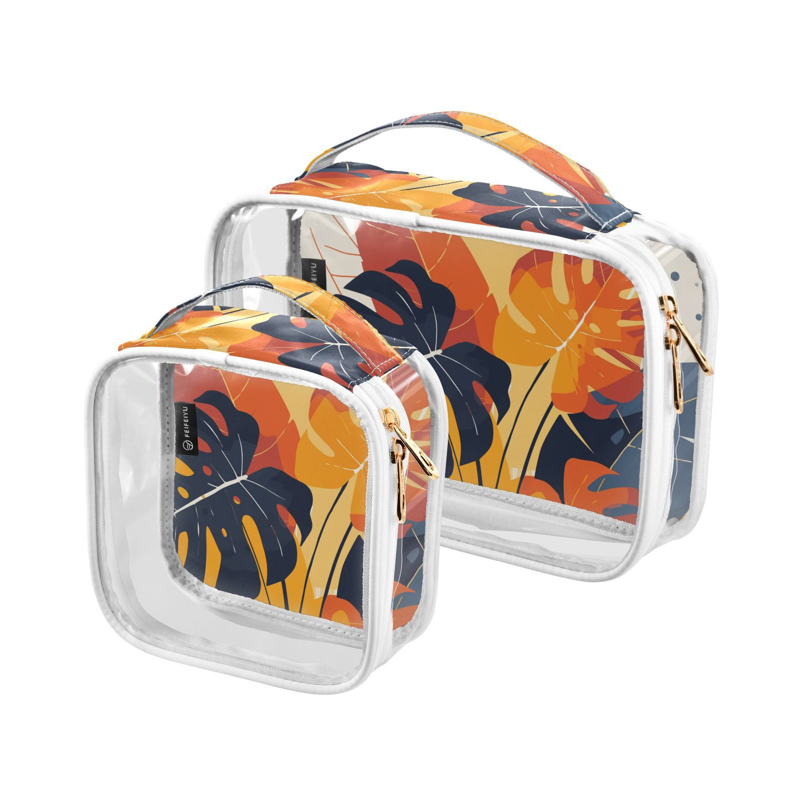 Clear Makeup Bags with Handle Large Opening 2 Pack Set Toiletry Bag Quart Size Bag, for Women Man Traveling Travel Essentials, Toiletries and Other. Tropical Plant Leafs