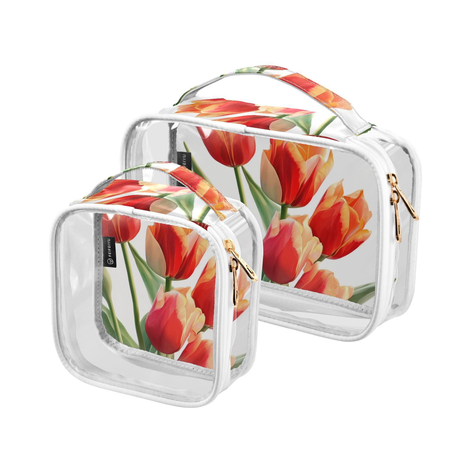 Clear Makeup Bags with Handle Large Opening 2 Pack Set Toiletry Bag Quart Size Bag, for Women Man Traveling Travel Essentials, Toiletries and Other. Tulipa Flower