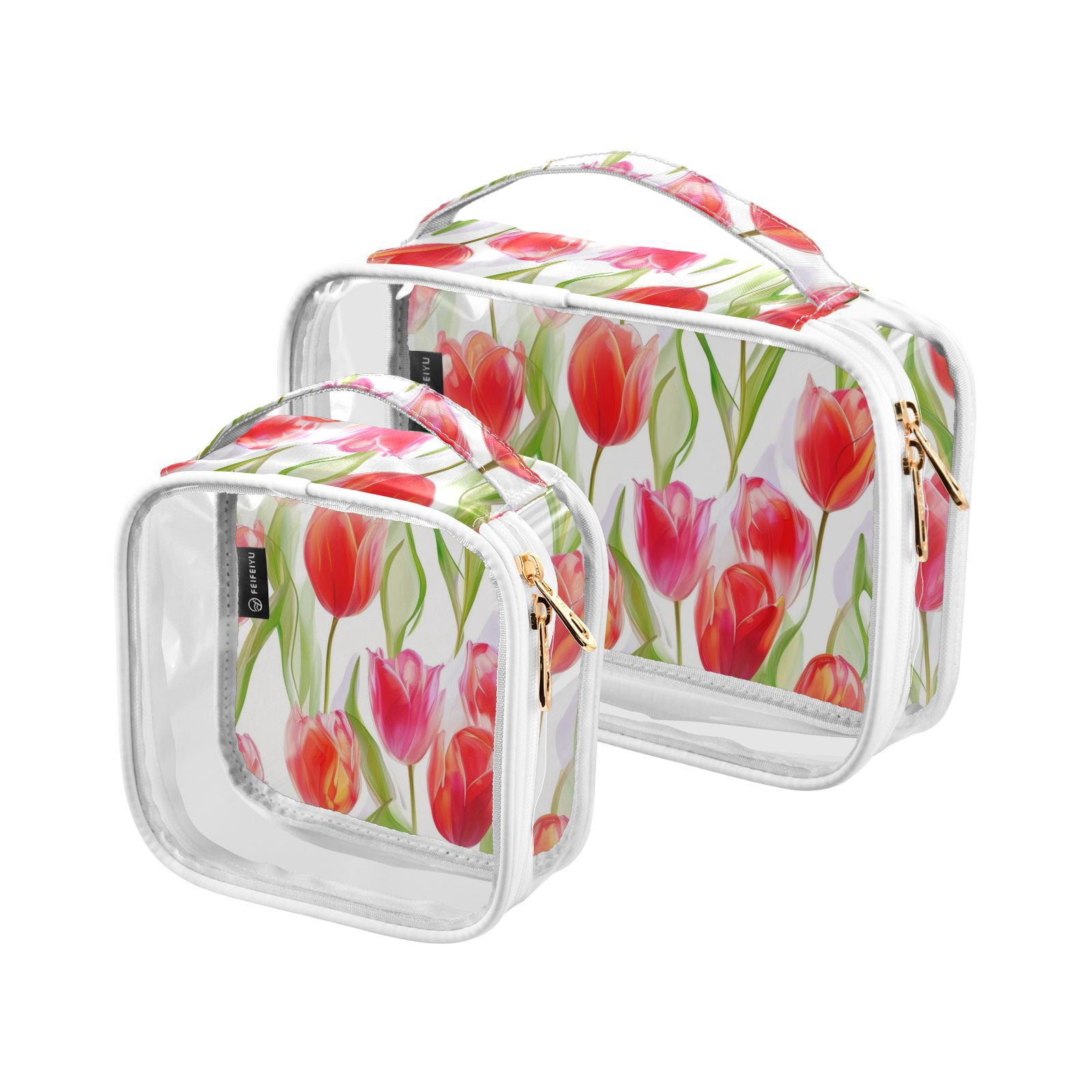Clear Makeup Bags with Handle Large Opening 2 Pack Set Toiletry Bag Quart Size Bag, for Women Man Traveling Travel Essentials, Toiletries and Other. Tulipa Pattern