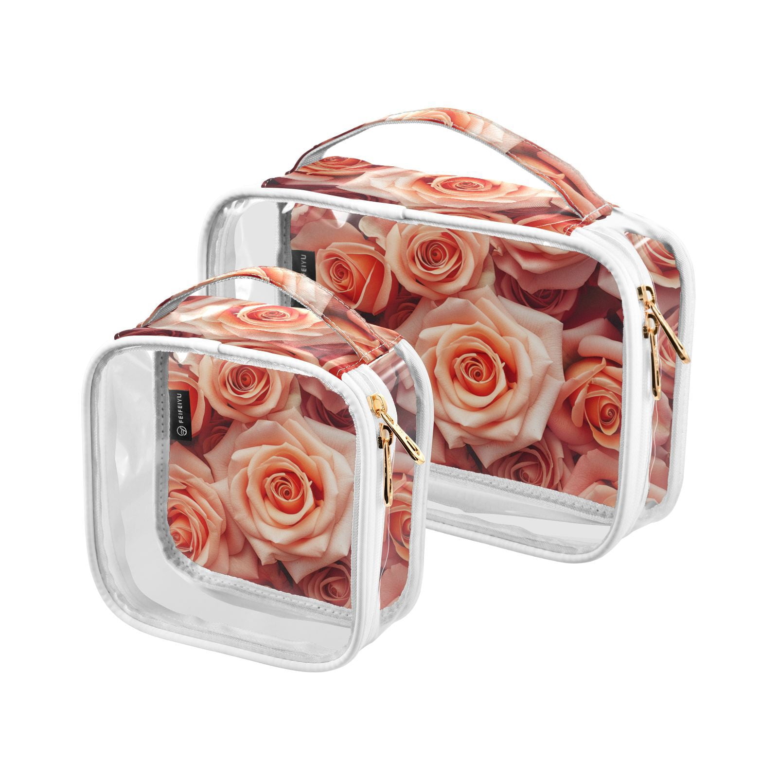 Clear Makeup Bags with Handle Large Opening 2 Pack Set Toiletry Bag Quart Size Bag, for Women Man Traveling Travel Essentials, Toiletries and Other. Valentine's Pink Roses Bloom