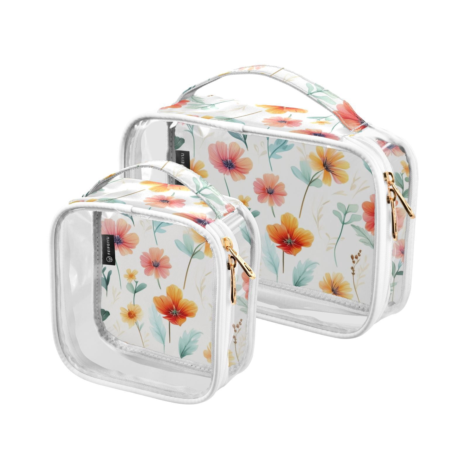 Clear Makeup Bags with Handle Large Opening 2 Pack Set Toiletry Bag Quart Size Bag, for Women Man Traveling Travel Essentials, Toiletries and Other. Watercolor Flower Pattern