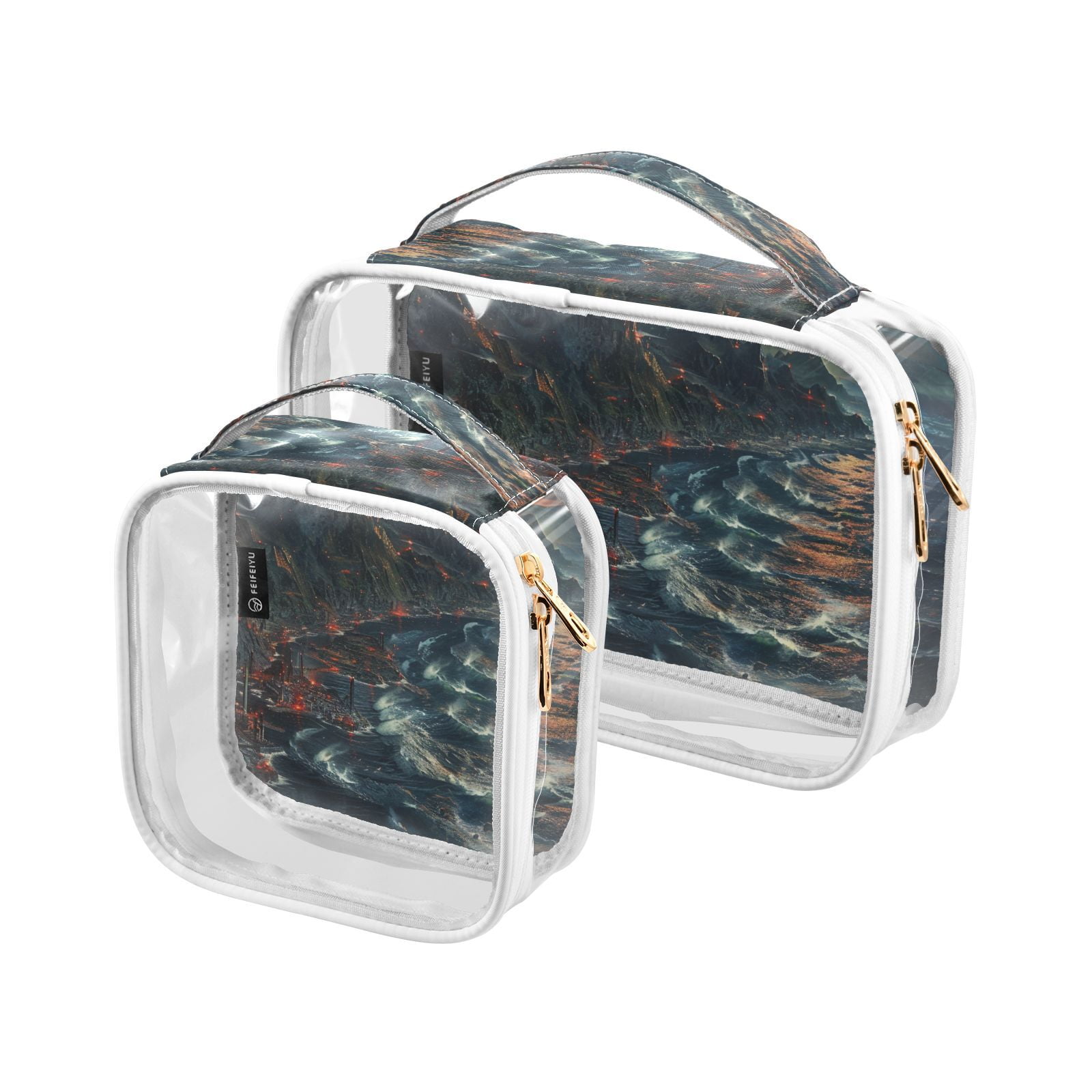 Clear Makeup Bags with Handle Large Opening 2 Pack Set Toiletry Bag Quart Size Bag, for Women Man Traveling Travel Essentials, Toiletries and Other. Waves Horror Mountain Original Design