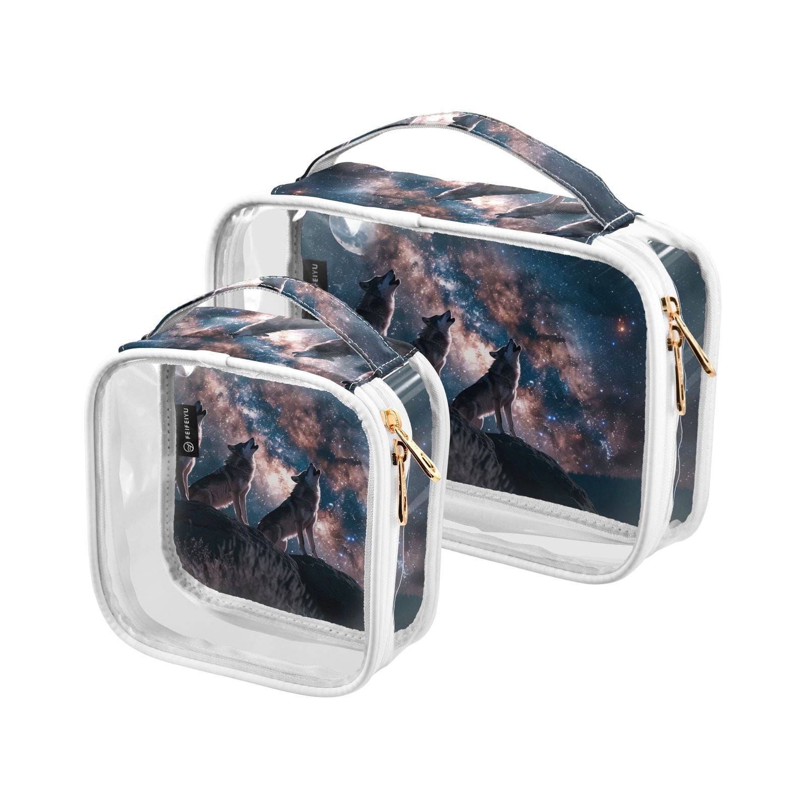 Clear Makeup Bags with Handle Large Opening 2 Pack Set Toiletry Bag Quart Size Bag, for Women Man Traveling Travel Essentials, Toiletries and Other. Wolf