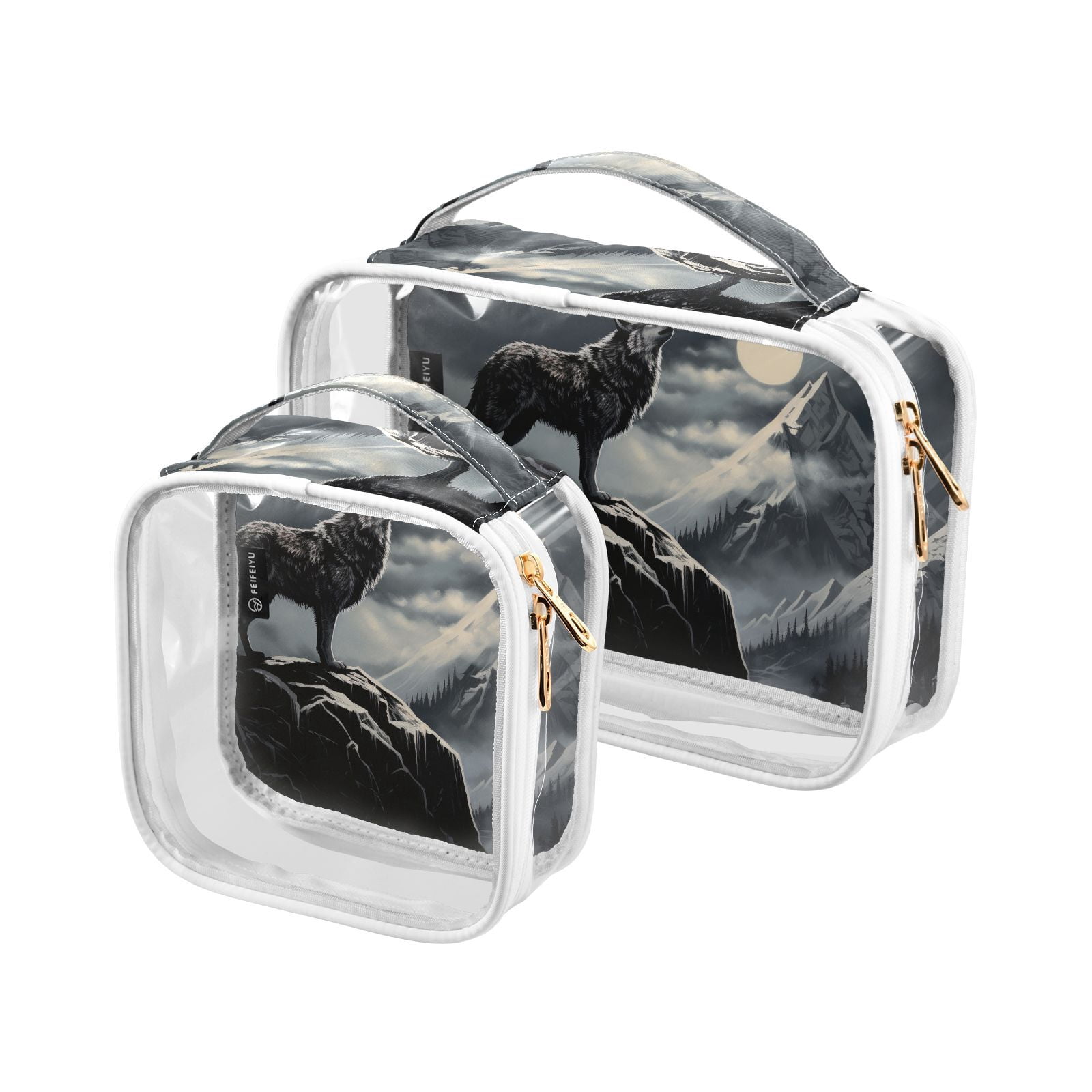 Clear Makeup Bags with Handle Large Opening 2 Pack Set Toiletry Bag Quart Size Bag, for Women Man Traveling Travel Essentials, Toiletries and Other. Wolf