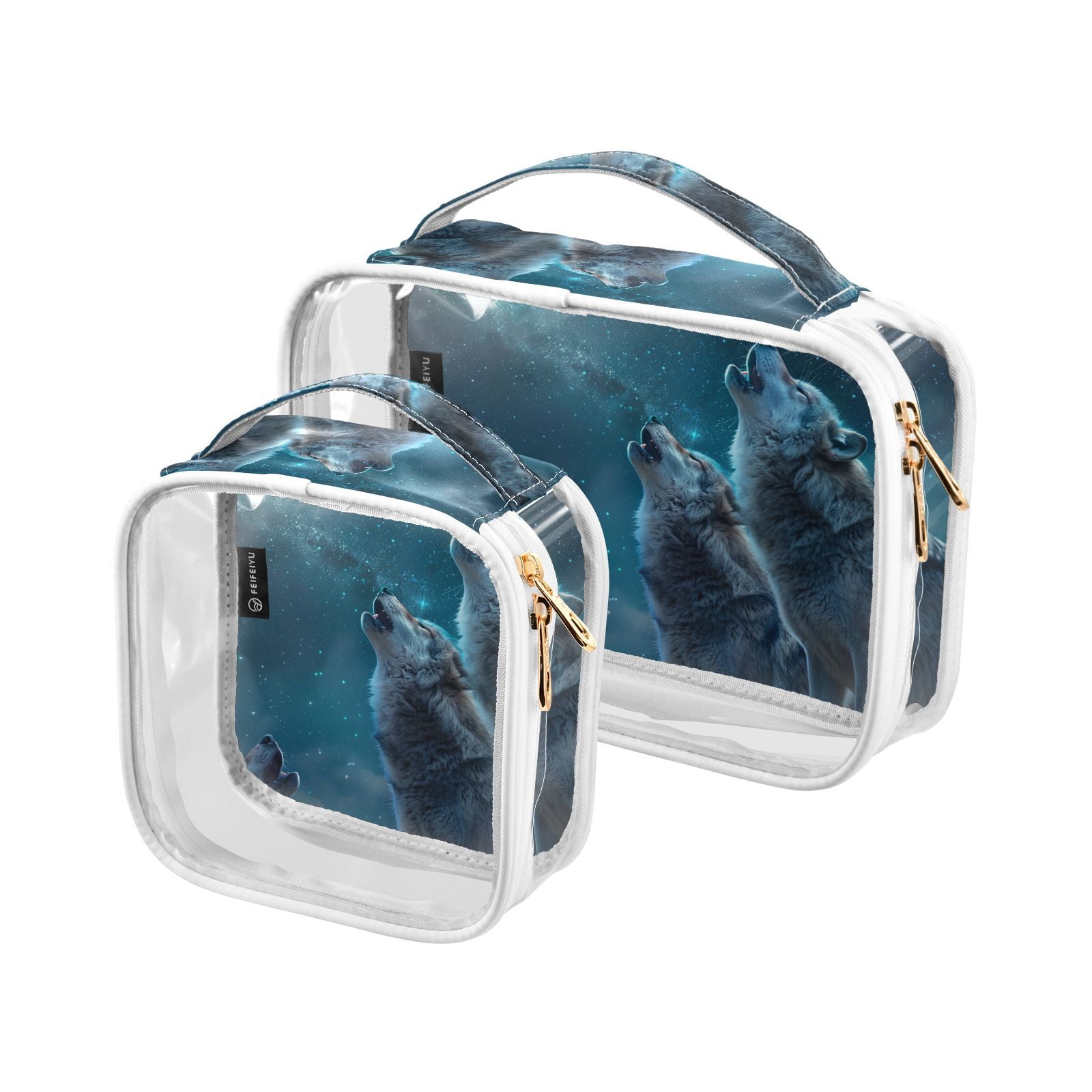 Clear Makeup Bags with Handle Large Opening 2 Pack Set Toiletry Bag Quart Size Bag, for Women Man Traveling Travel Essentials, Toiletries and Other. Wolf