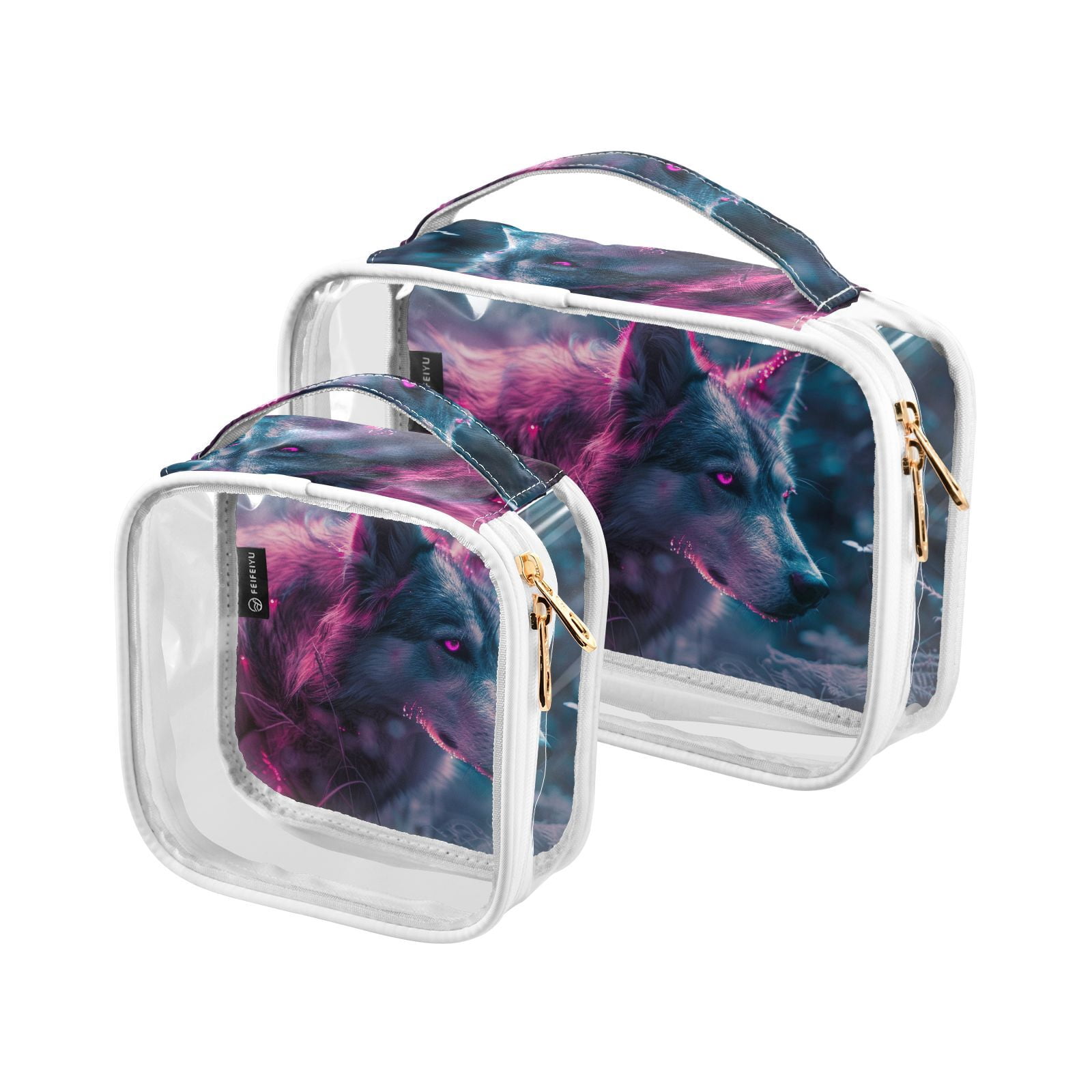 Clear Makeup Bags with Handle Large Opening 2 Pack Set Toiletry Bag Quart Size Bag, for Women Man Traveling Travel Essentials, Toiletries and Other. Wolf
