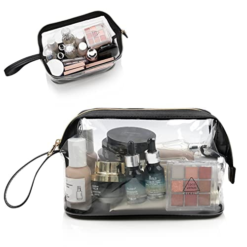 Clear Makeup Bags, OCHEAL Large Travel Cosmetic Bag Waterproof Plastic Transparent Big Makeup Bags Pouch with Zipper and Brush Organizer for Women and Girls- Black