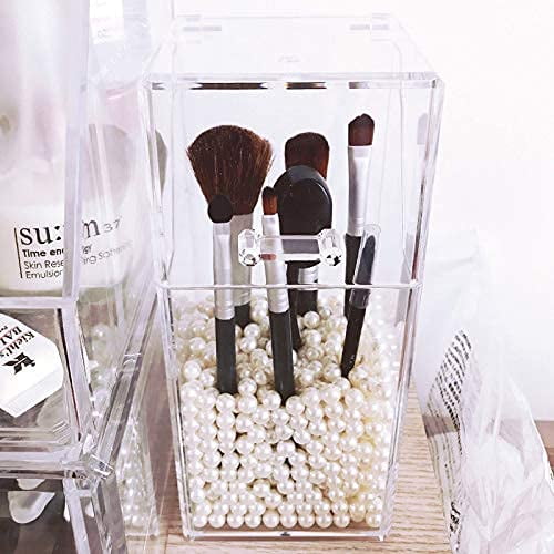Clear Makeup Brush Holder with Lid, Acrylic Makeup Brush Jewelry Organizer Storage Holder Jar with 8 mm White Pearls
