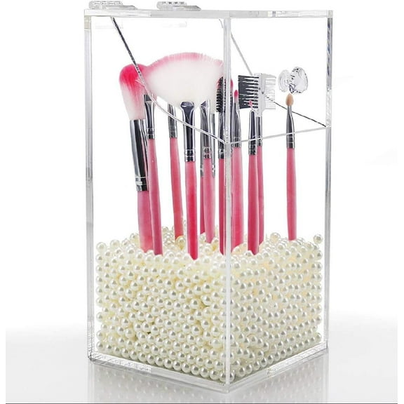 Clear Makeup Brush Holder with Lid & White Pearls, Acrylic Makeup Brush Organizer Cosmetic Storage Box Case Dustproof Holder Makeup Tools Organizer