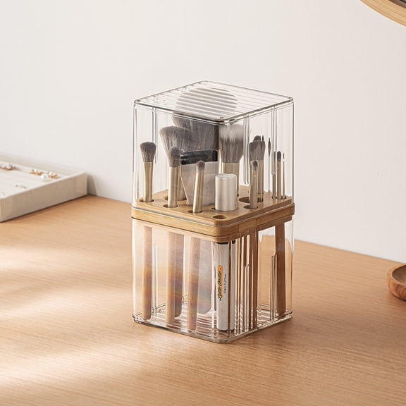 Clear Makeup Brush Organizer with Lid, Freestanding 16-Slot Display Case Container Storage for Eyeliners, Lip Liners, Pencils Vanity or Bathroom Countertop Storage