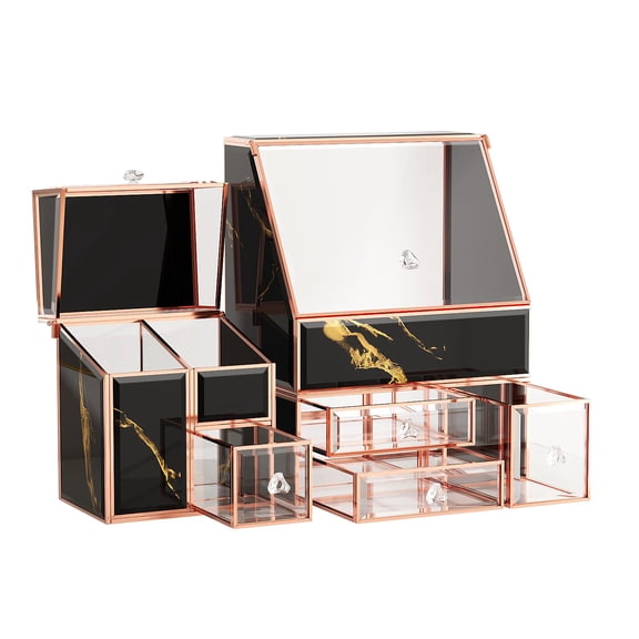 Clear Makeup Organizer with Gold Frame – Countertop Vanity Organizer for Skincare, Lipsticks, Perfume & Brushes – Bathroom Cosmetic Storage Display Box