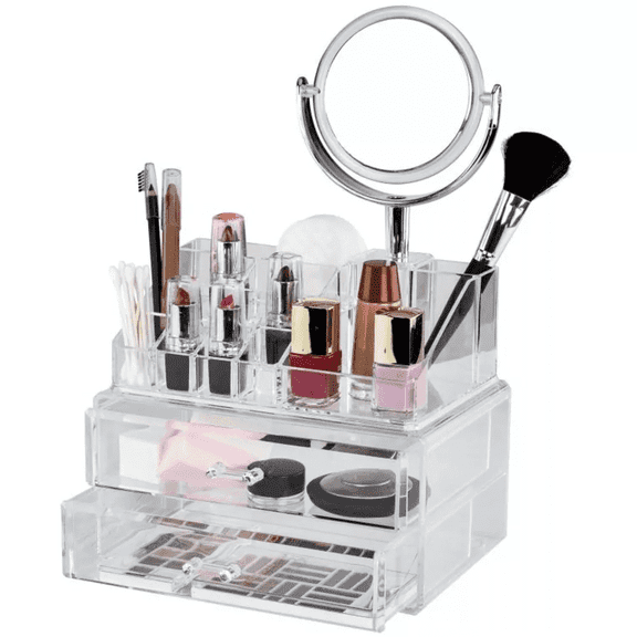 Clear Makeup Organizer with Vanity Mirror, 15 Easily Sort Compartments & 2 Drawers, Acrylic Compact Makeup Organizer for Cosmetics & Jewelry