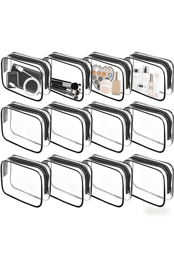 Clear Toiletry Bag, 12 Pack Travel Bag Carry on Travel Accessories Bag Airport Airline Bags Water Repellent Makeup Cosmetic Bag for Women