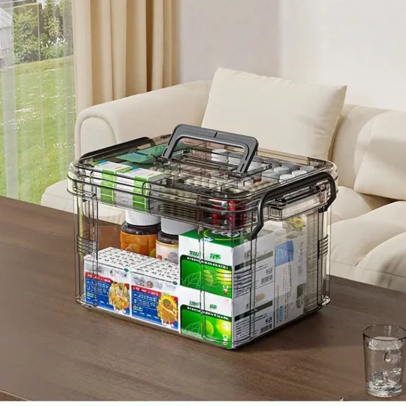 Clear Medicine Organizer Storage Box with Tray, Thickened Medicine Container Chest, Multipurpose Medical Case with Labels