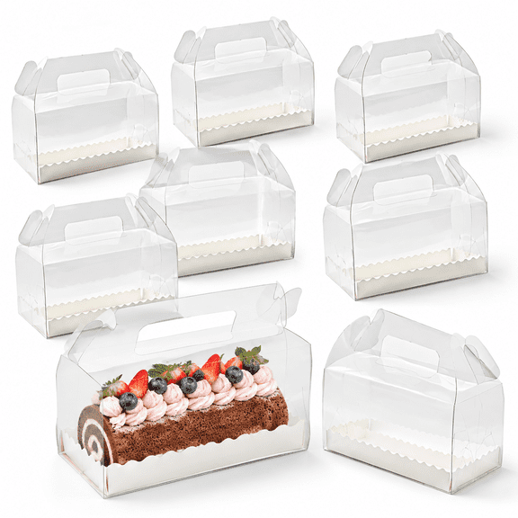 Clear Medium 6.3 Inch Roll Cake Gable Boxes with Handles, 30 Pack