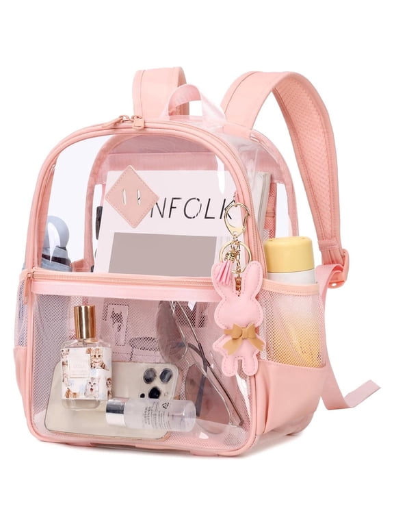 Clear Mesh Backpack for Stadium Events Approved 12×12×6, Thick TPU Mini Clear Bag with Front Pocket for Concert Sport Events Pink