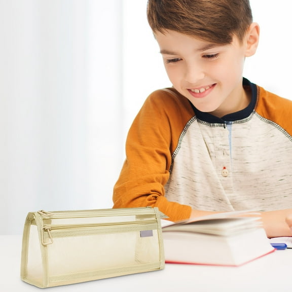 Clear Mesh Pencil Case Pouch, Grid Pen Cases Organizer, Zipper Transparent Stationary Makeup Bag For Travel Office College - Beige