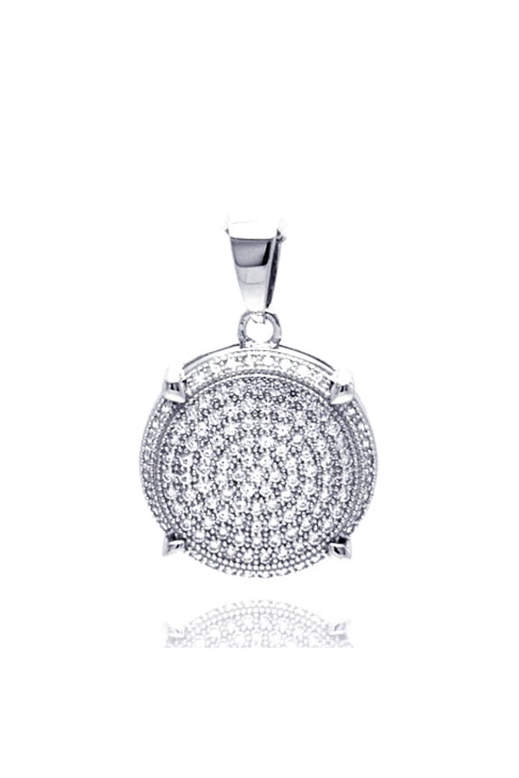 Clear Micro Pave Cubic Zirconia Prong Set Round Disc Pendant Sterling Silver
