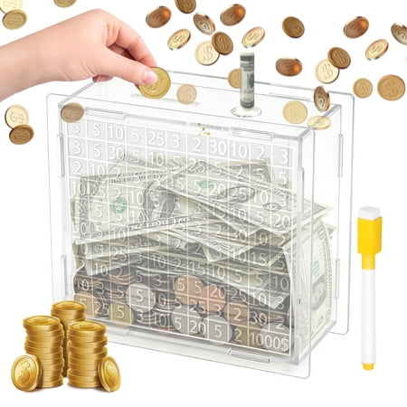 Clear Money Saving Box, EEEkit Acrylic Piggy Bank Vault Savings Box with 1000 Dollars Target